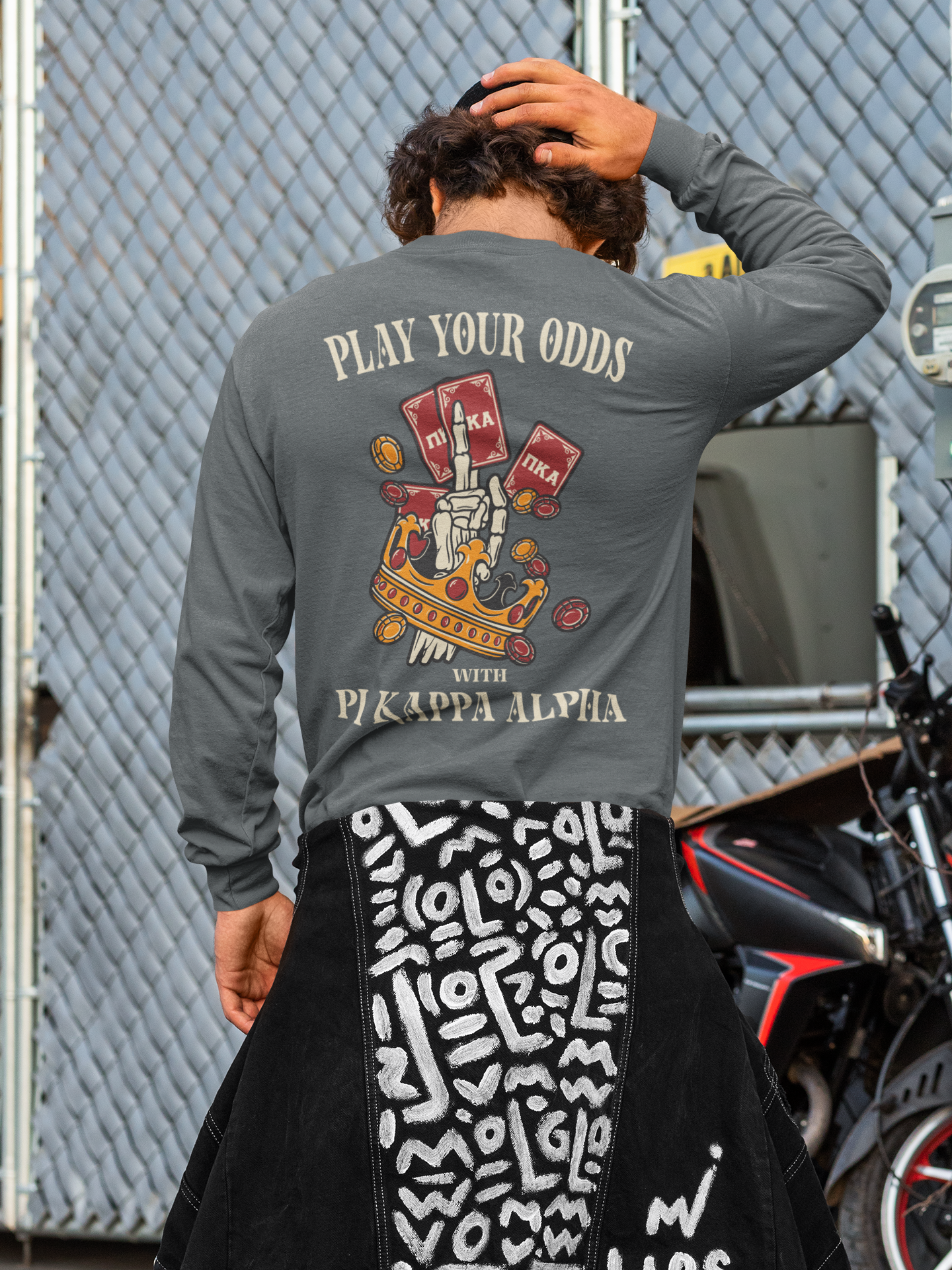grey Pi Kappa Alpha Graphic Long Sleeve | Play Your Odds | Pi kappa alpha fraternity shirt model 