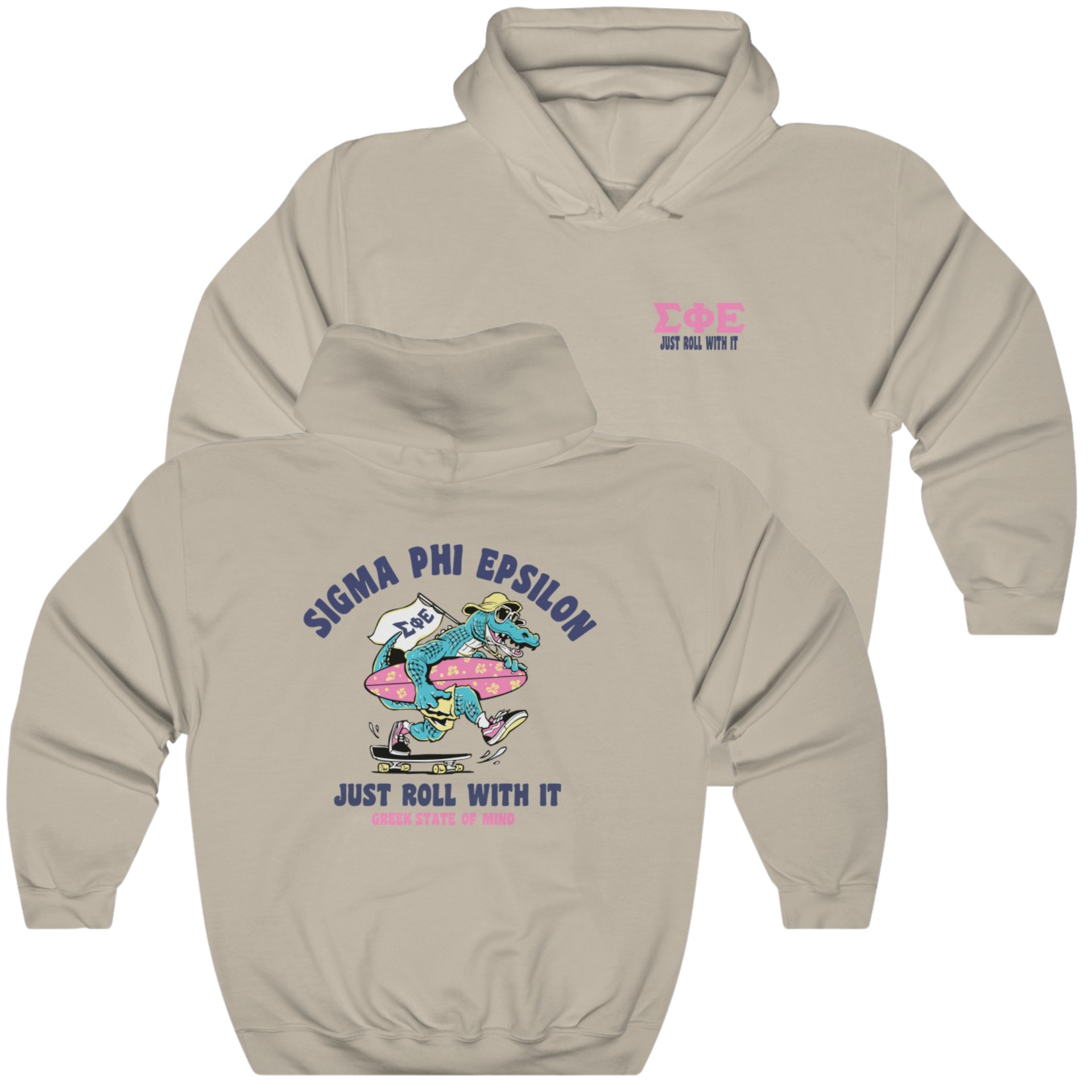 Sand Sigma Phi Epsilon Graphic Hoodie | Alligator Skater | SigEp Clothing - Campus Apparel