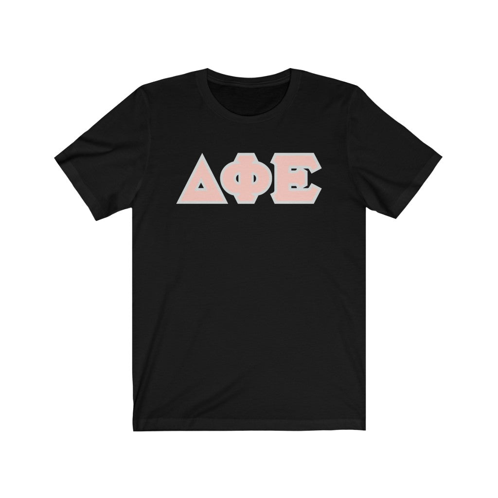 Delta Phi Epsilon Printed Letters | Peach with Grey Border T-Shirt