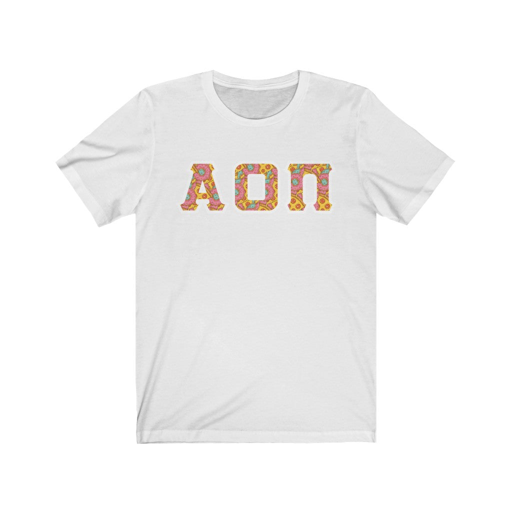 Alpha Omicron Pi Printed Letters | Pizza and Donuts T-Shirt