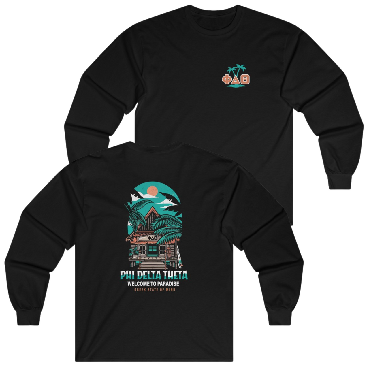 black Phi Delta Theta Graphic Long Sleeve T-Shirt | Welcome to Paradise | phi delta theta fraternity greek apparel 