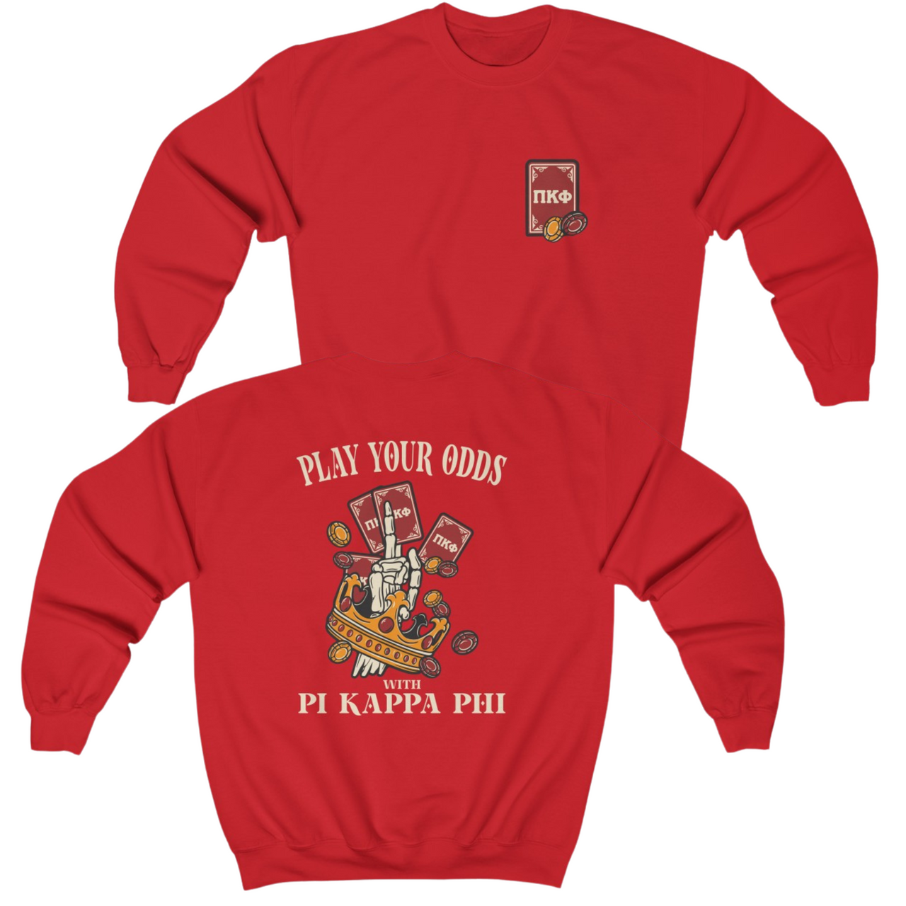 Red Pi Kappa Phi Graphic Crewneck Sweatshirt | Play Your Odds | Pi Kappa Phi Apparel and Merchandise