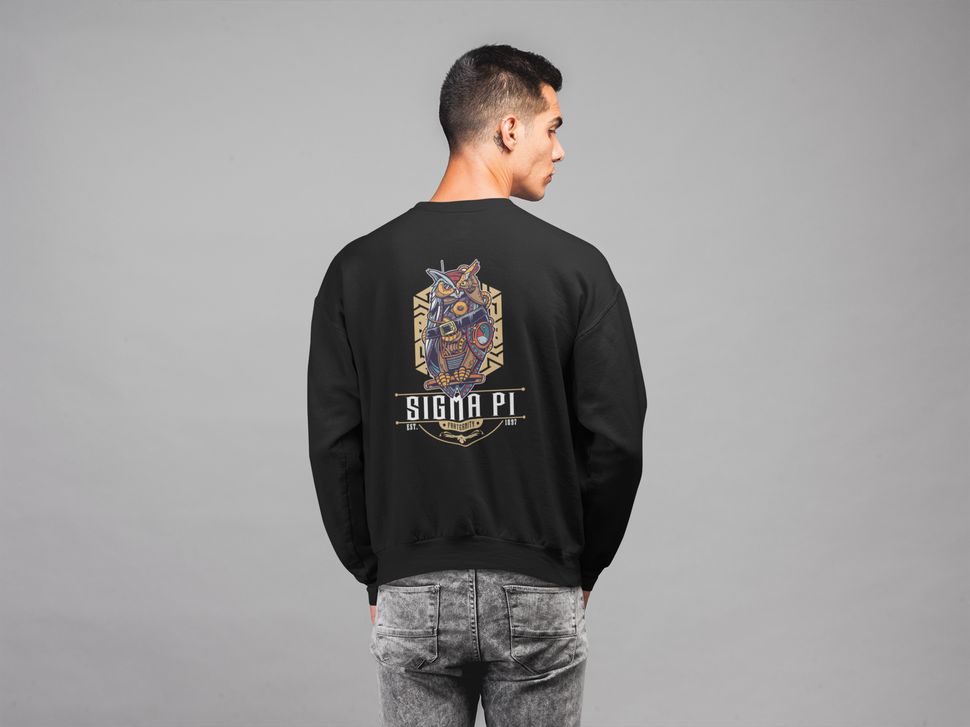 Black Sigma Pi Graphic Crewneck Sweatshirt | Steampunk Owl | Sigma Pi Apparel and Merchandise  model 