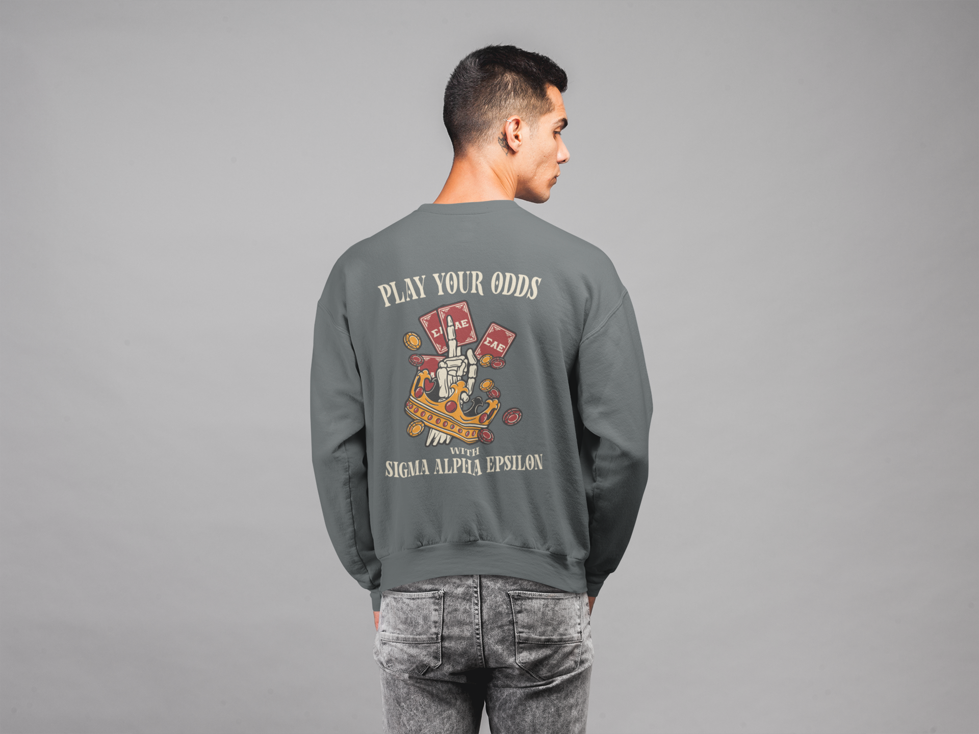 Grey Sigma Alpha Epsilon Graphic Crewneck Sweatshirt | Play Your Odds | Sigma Alpha Epsilon Clothing and Merchandise