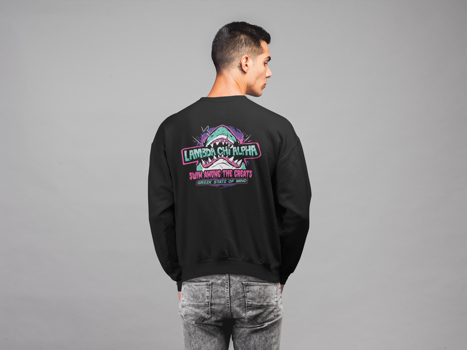 Black Lambda Chi Alpha Graphic Crewneck Sweatshirt | The Deep End | Lambda Chi Alpha Fraternity Shirt model 