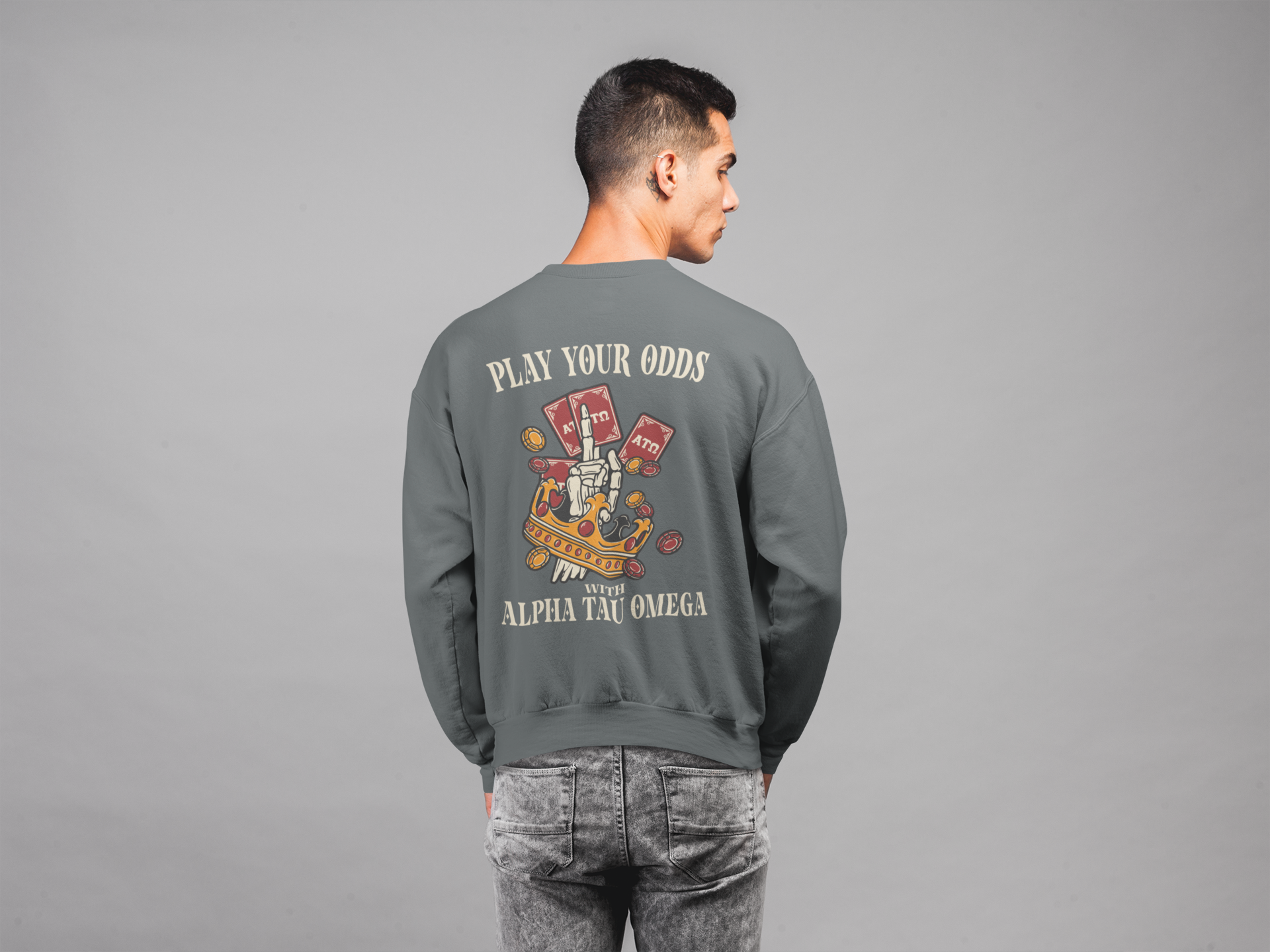 grey Alpha Tau Omega Graphic Crewneck Sweatshirt | Play Your Odds | Alpha Tau Omega Fraternity Merchandise model 