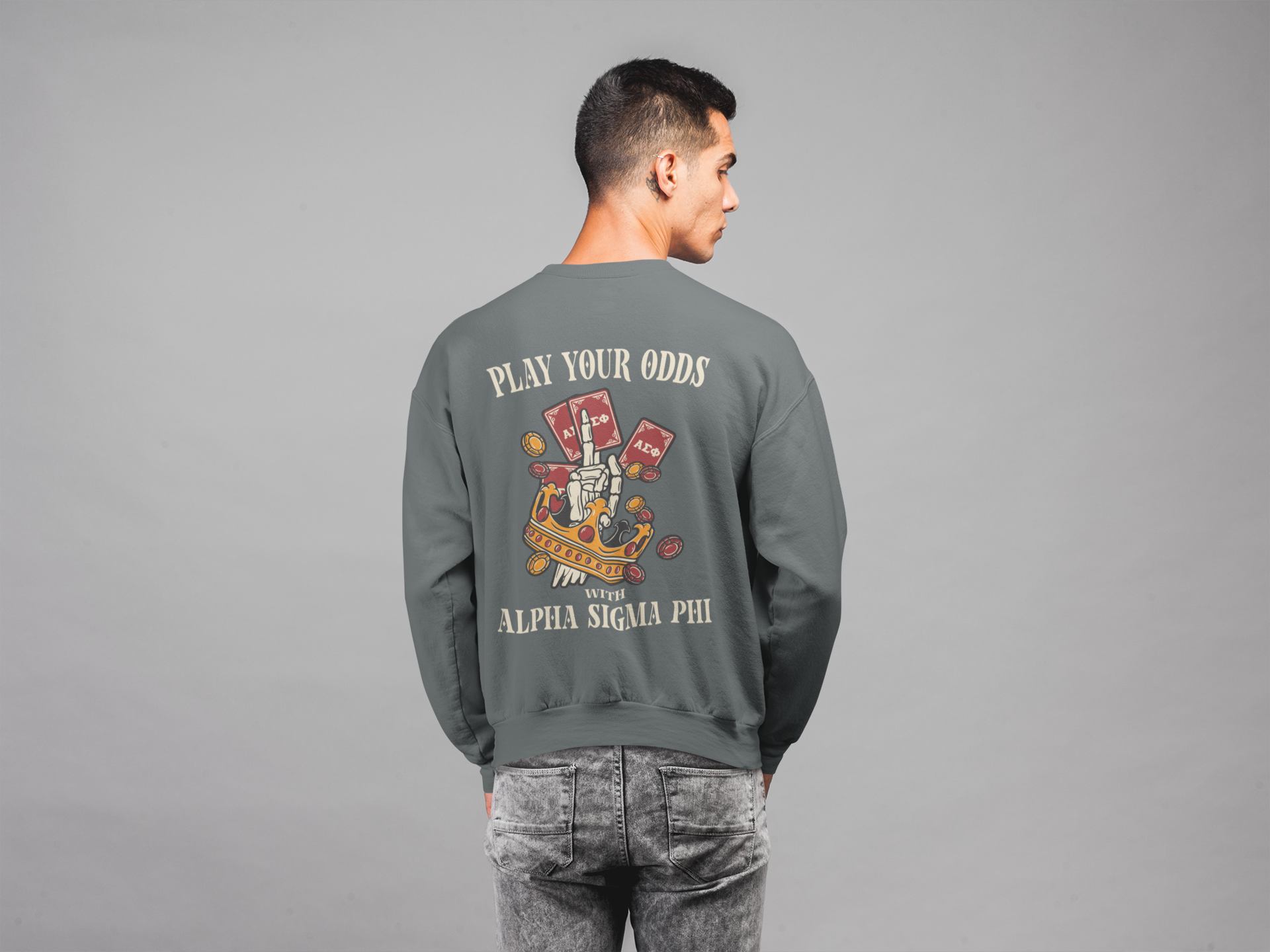Alpha Sigma Phi Graphic Crewneck Sweatshirt | Play Your Odds | Alpha Sigma Phi Fraternity Crewneck Shirt  back model 