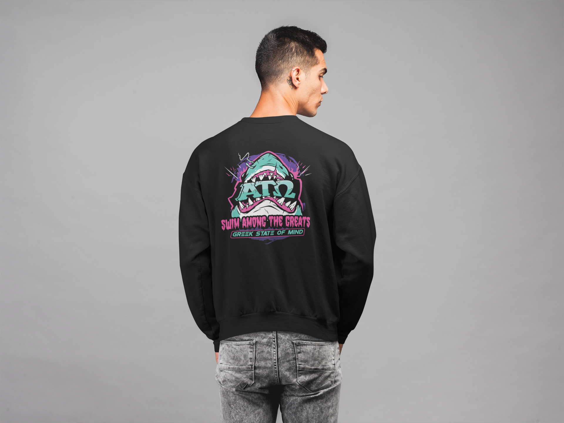 black Alpha Tau Omega Graphic Crewneck Sweatshirt | The Deep End | Alpha Tau Omega Apparel model 