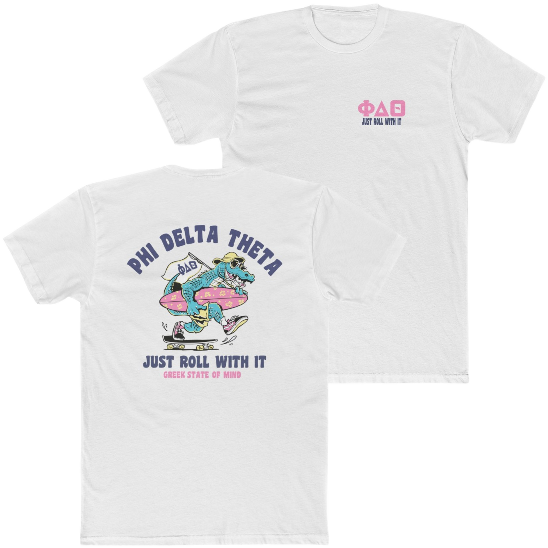 white Phi Delta Theta Graphic T-Shirt | Alligator Skater | phi delta theta fraternity greek apparel 
