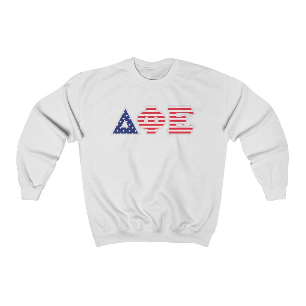 Delta Phi Epsilon Printed Letters | American Flag Pattern Crewneck