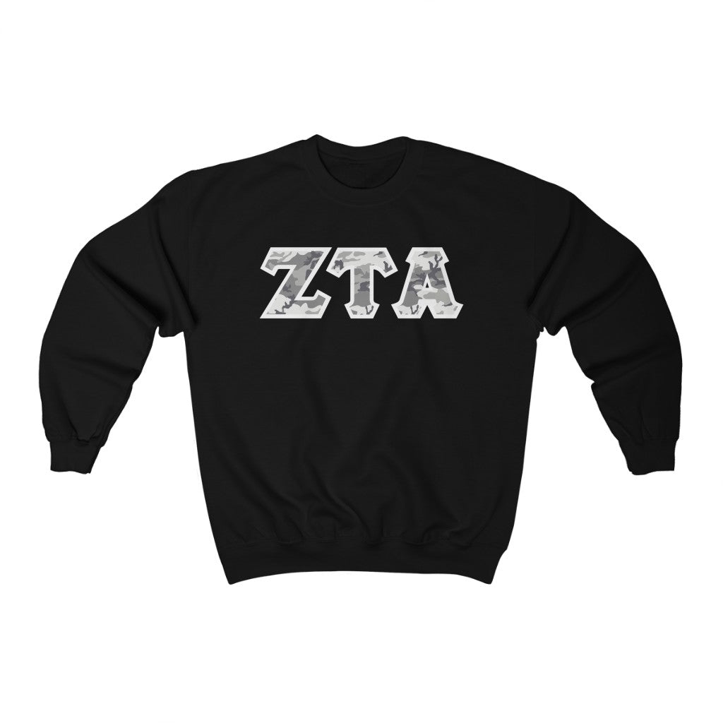 Zeta Tau Alpha Printed Letters | Winter Camo Crewneck