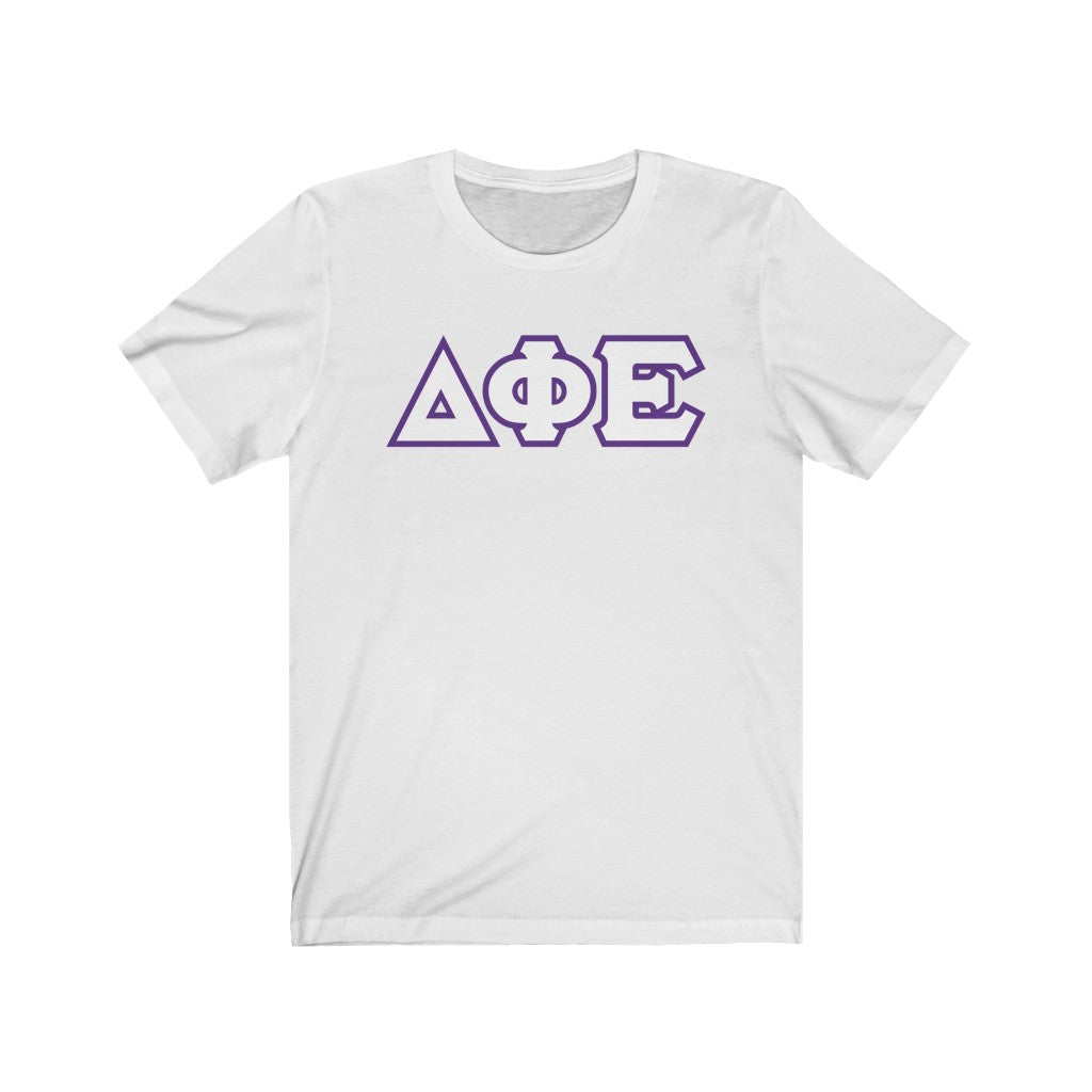 Delta Phi Epsilon Printed Letters | White with Purple Border T-Shirt
