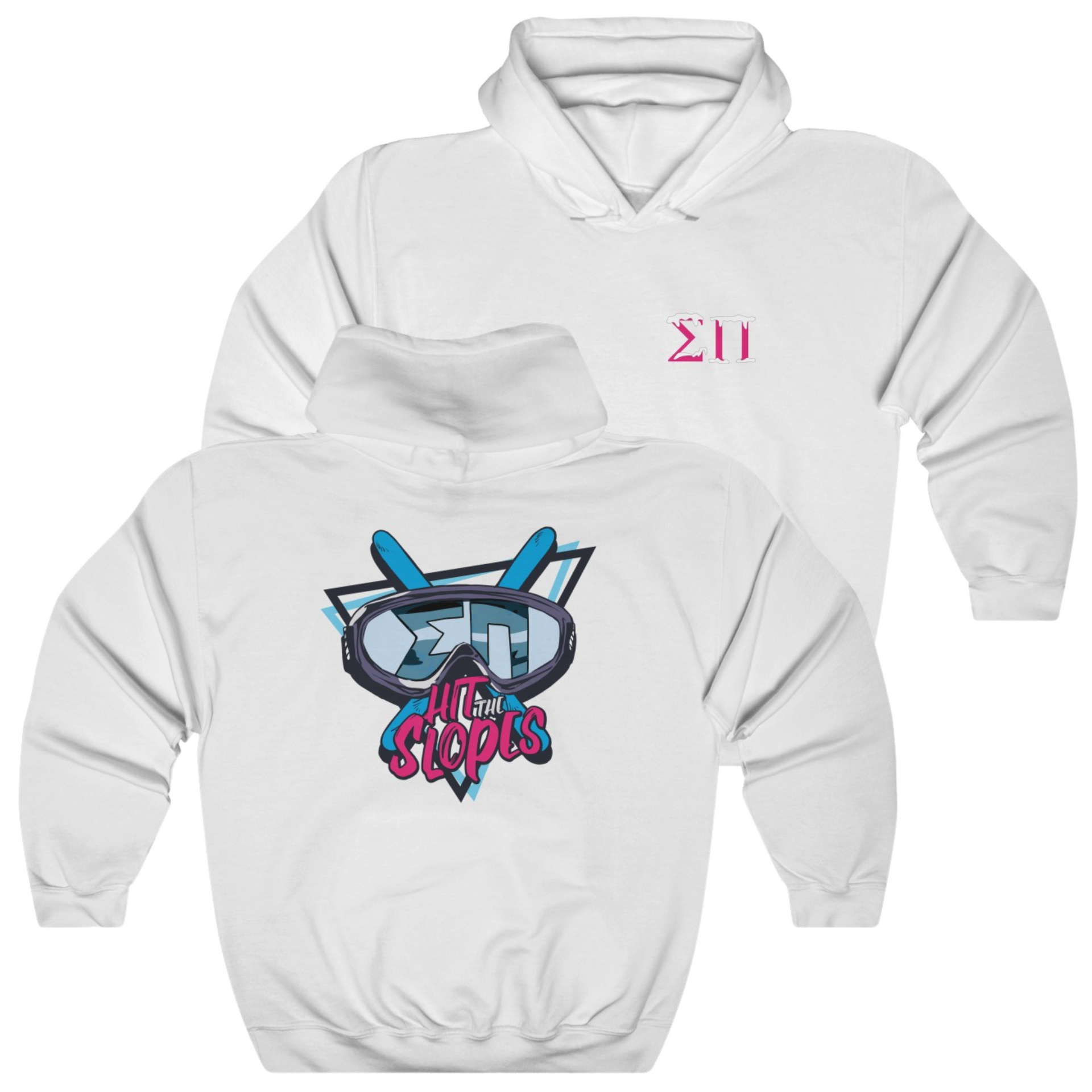 White Sigma Pi Graphic Hoodie | Hit the Slopes | Sigma Pi Apparel and Merchandise 