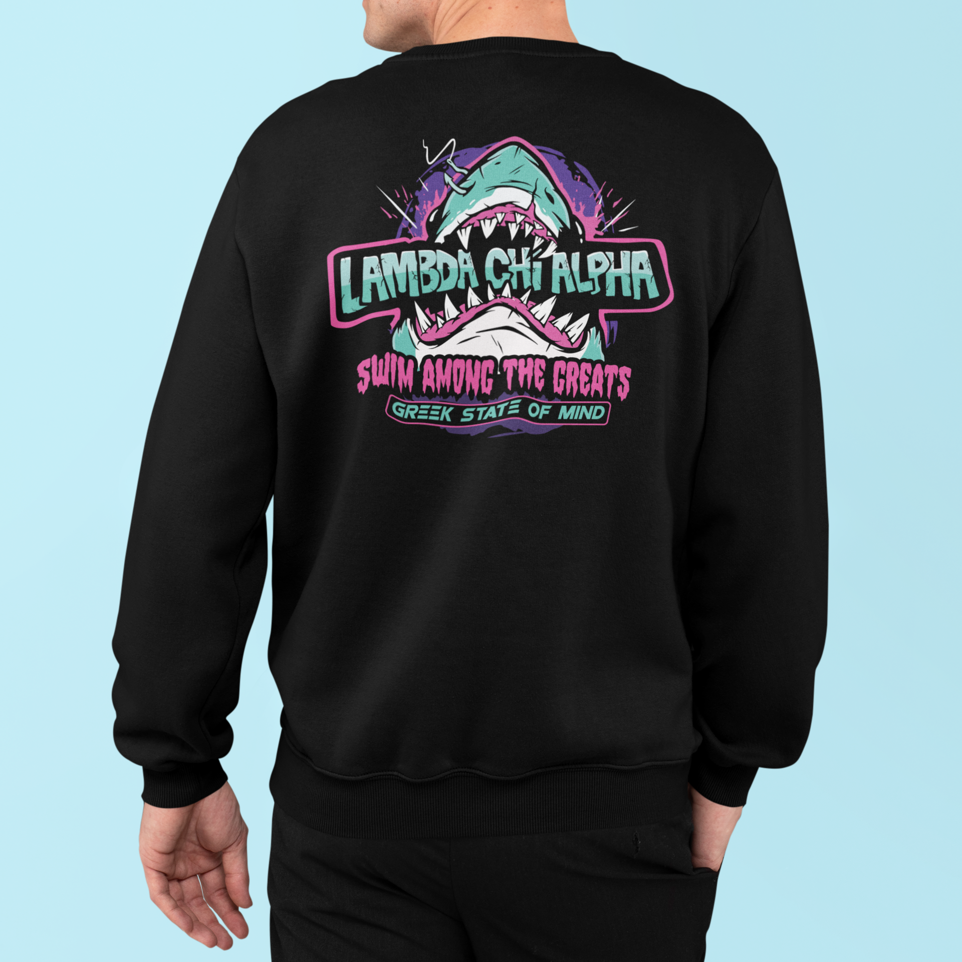 Black Lambda Chi Alpha Graphic Crewneck Sweatshirt | The Deep End | Lambda Chi Alpha Fraternity Shirt back model 