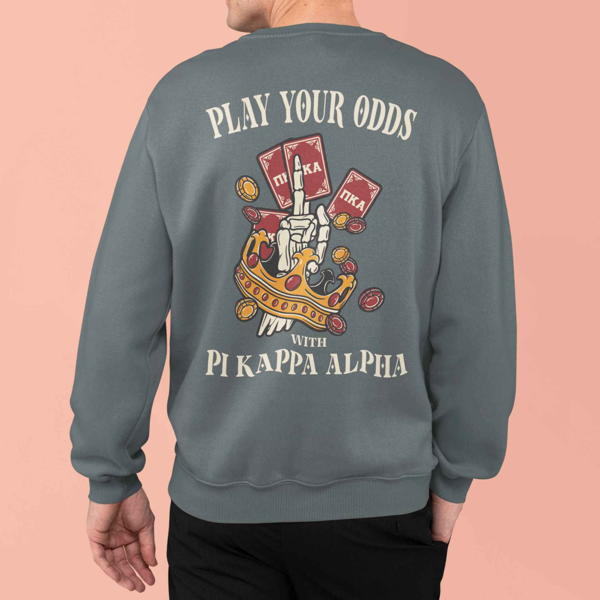 grey Pi Kappa Alpha Graphic Crewneck Sweatshirt | Play Your Odds | Pi kappa alpha fraternity shirt back model 