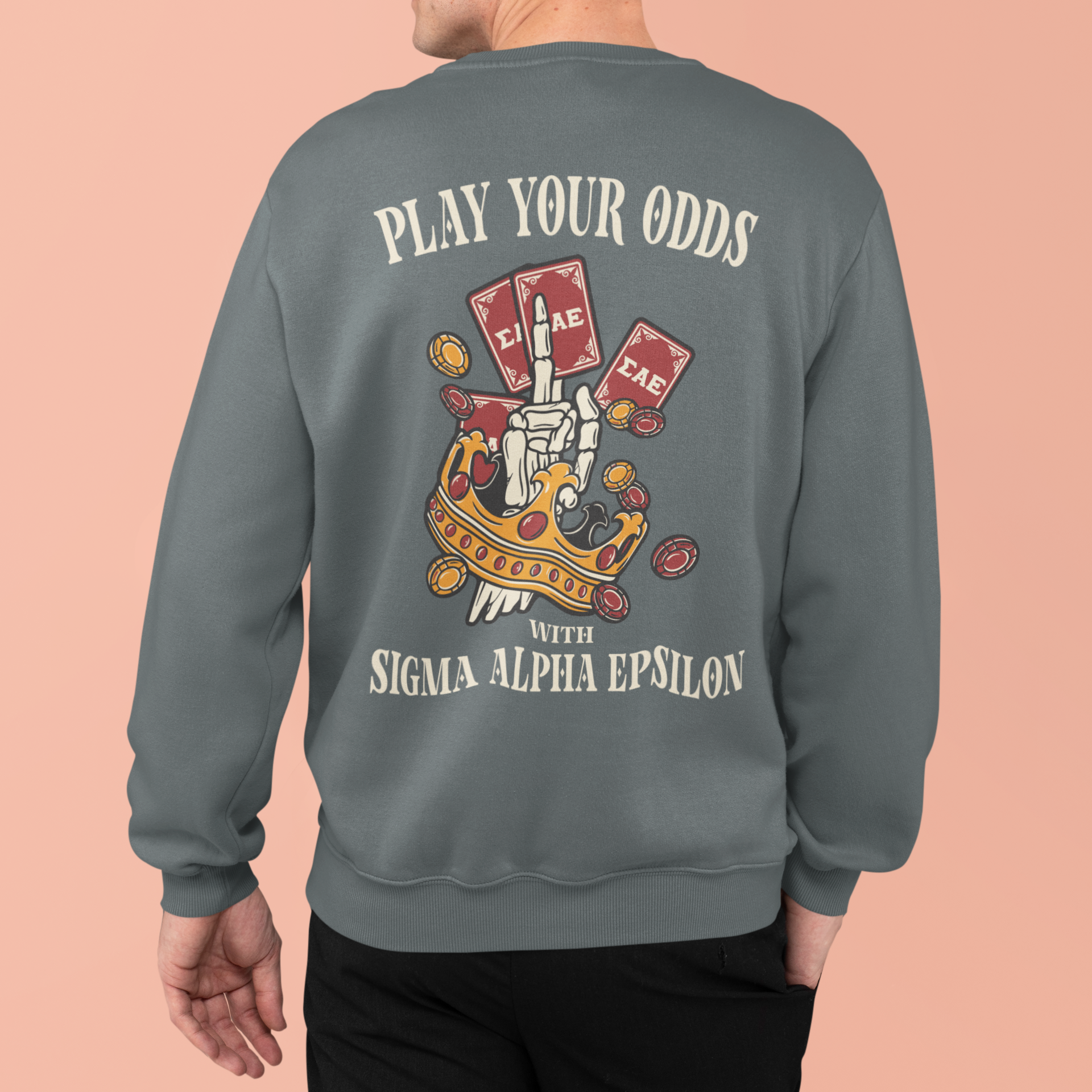 grey Sigma Alpha Epsilon Graphic Crewneck Sweatshirt | Play Your Odds | Sigma Alpha Epsilon Clothing and Merchandise model 