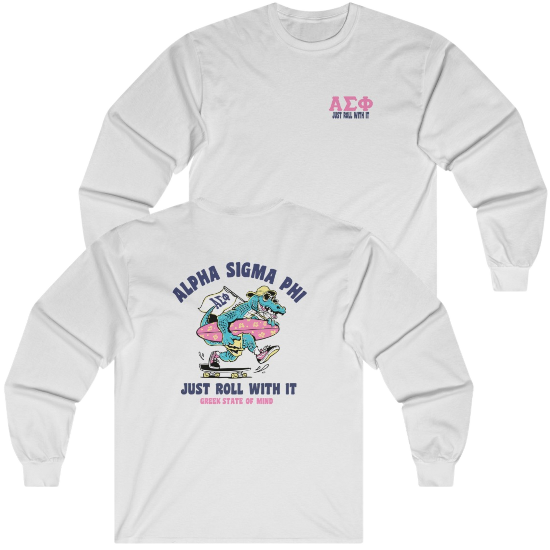 White Alpha Sigma Phi Graphic Long Sleeve | Alligator Skater | Alpha Sigma Phi Fraternity Shirt