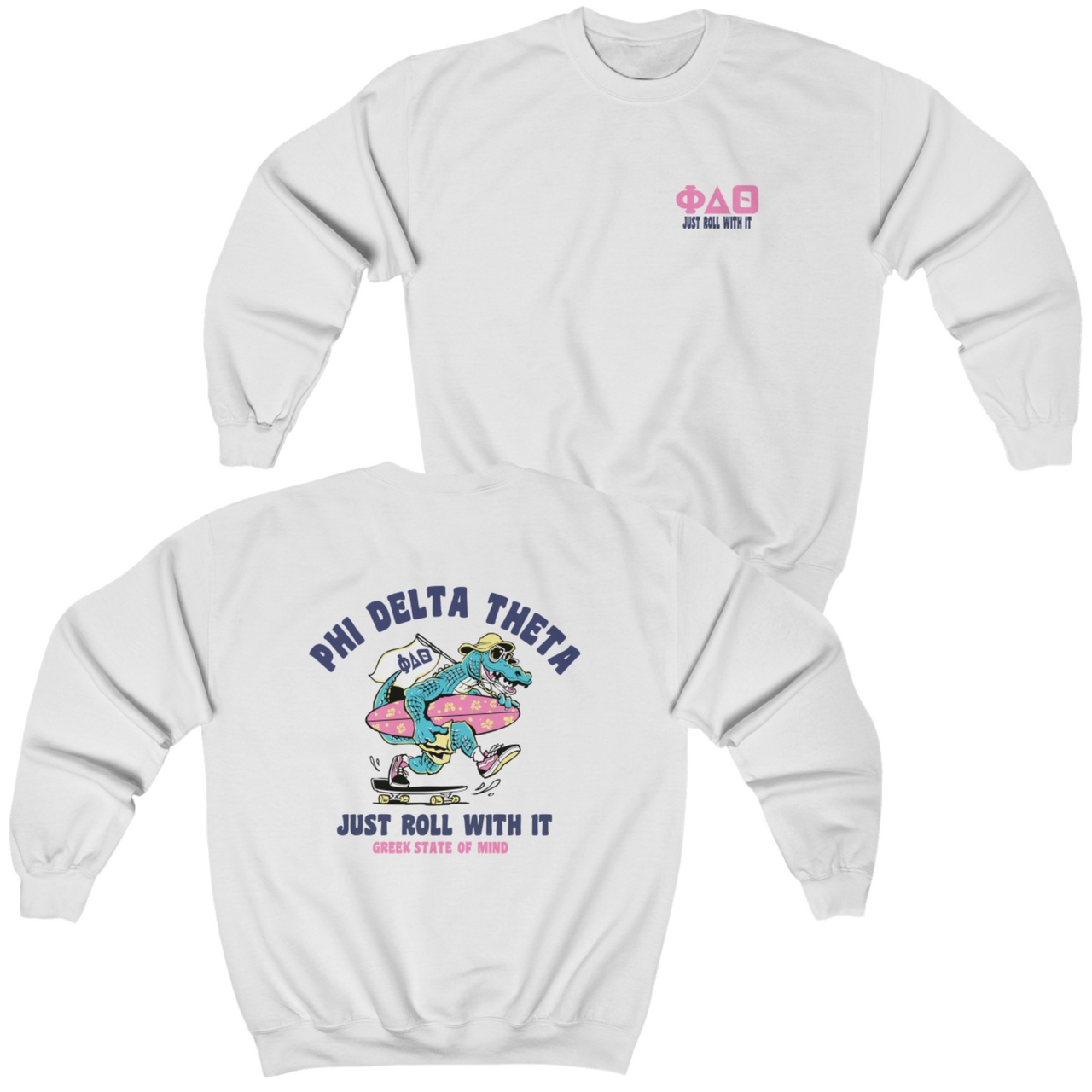 white Phi Delta Theta Graphic Crewneck Sweatshirt | Alligator Skater | phi delta theta fraternity greek apparel 