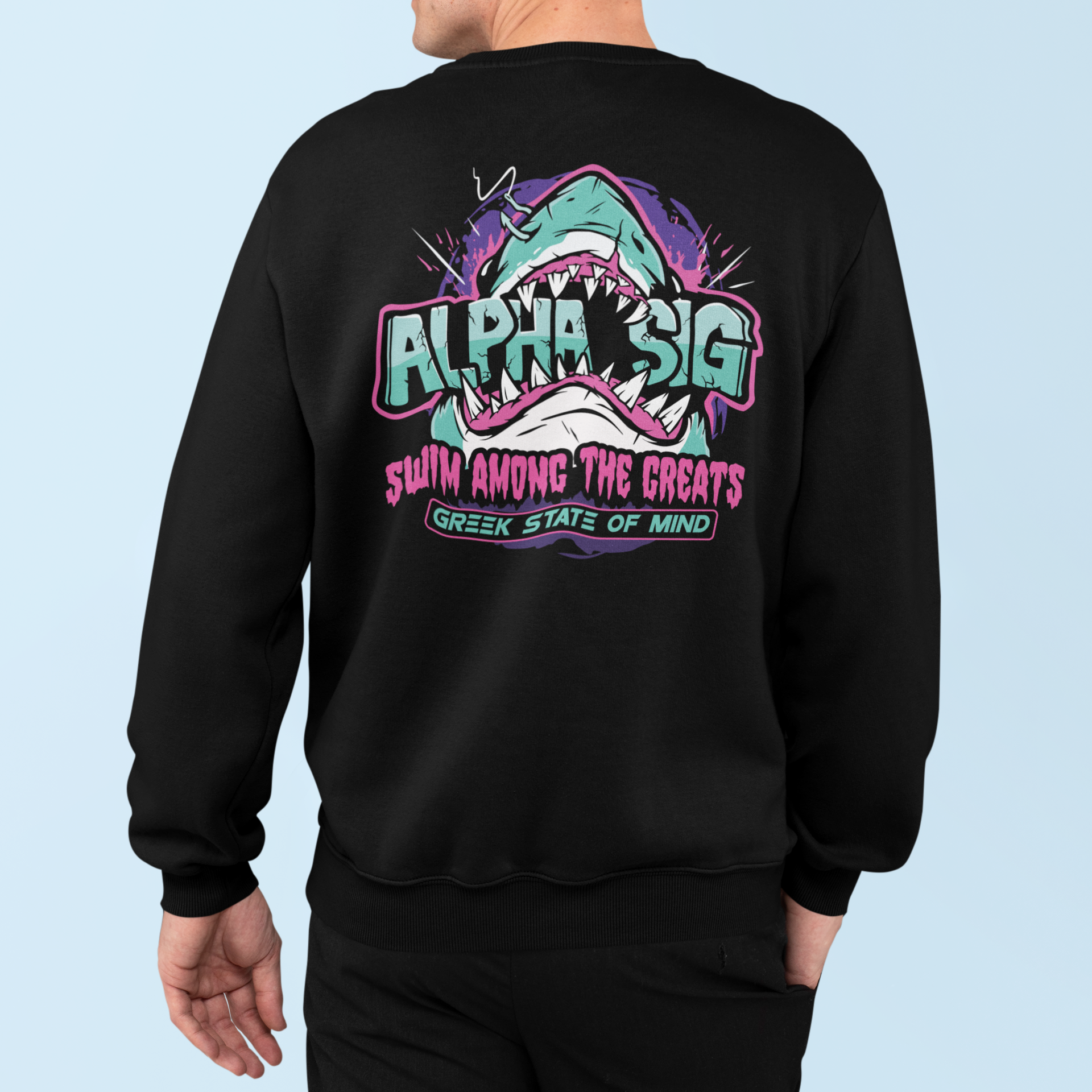 black Alpha Sigma Phi Graphic Crewneck Sweatshirt | The Deep End | Alpha Sigma Phi Fraternity Crewneck  back model 