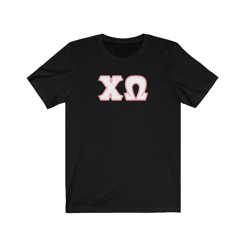 Chi Omega Printed Letters | White with Pink Border T-Shirt