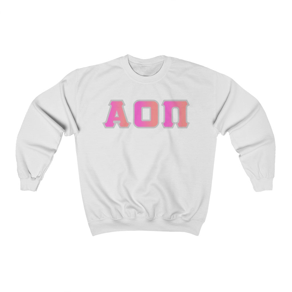 Alpha Omicron Pi Printed Letters | Bubble Gum with Grey Border Crewneck