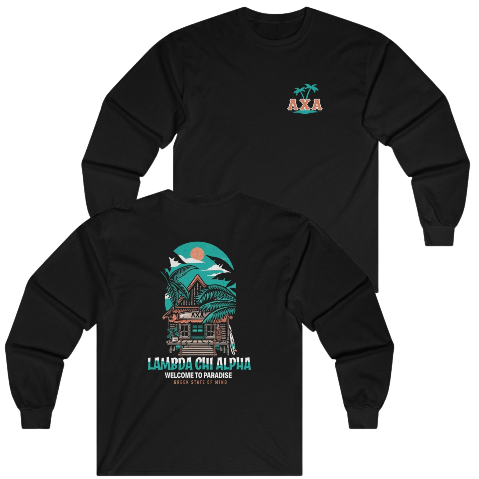 Black Lambda Chi Alpha Graphic Long Sleeve T-Shirt | Welcome to Paradise | Lambda Chi Alpha Fraternity Shirt