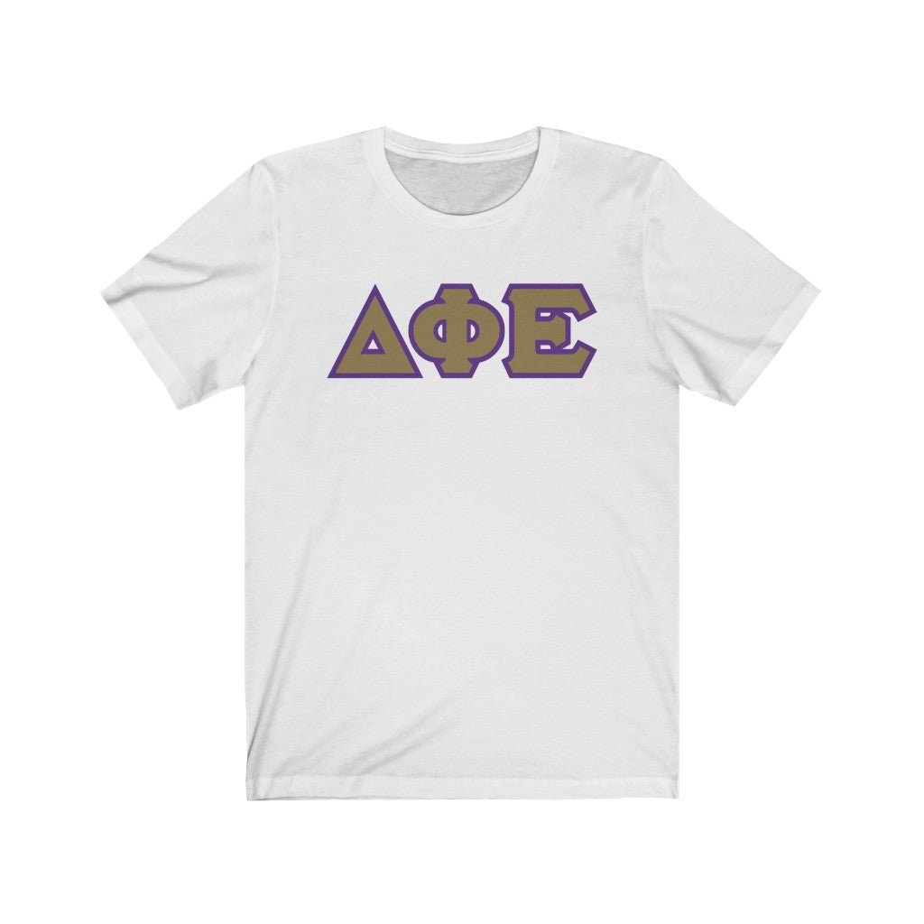 Delta Phi Epsilon Printed Letters | Gold with Purple Border T-Shirt