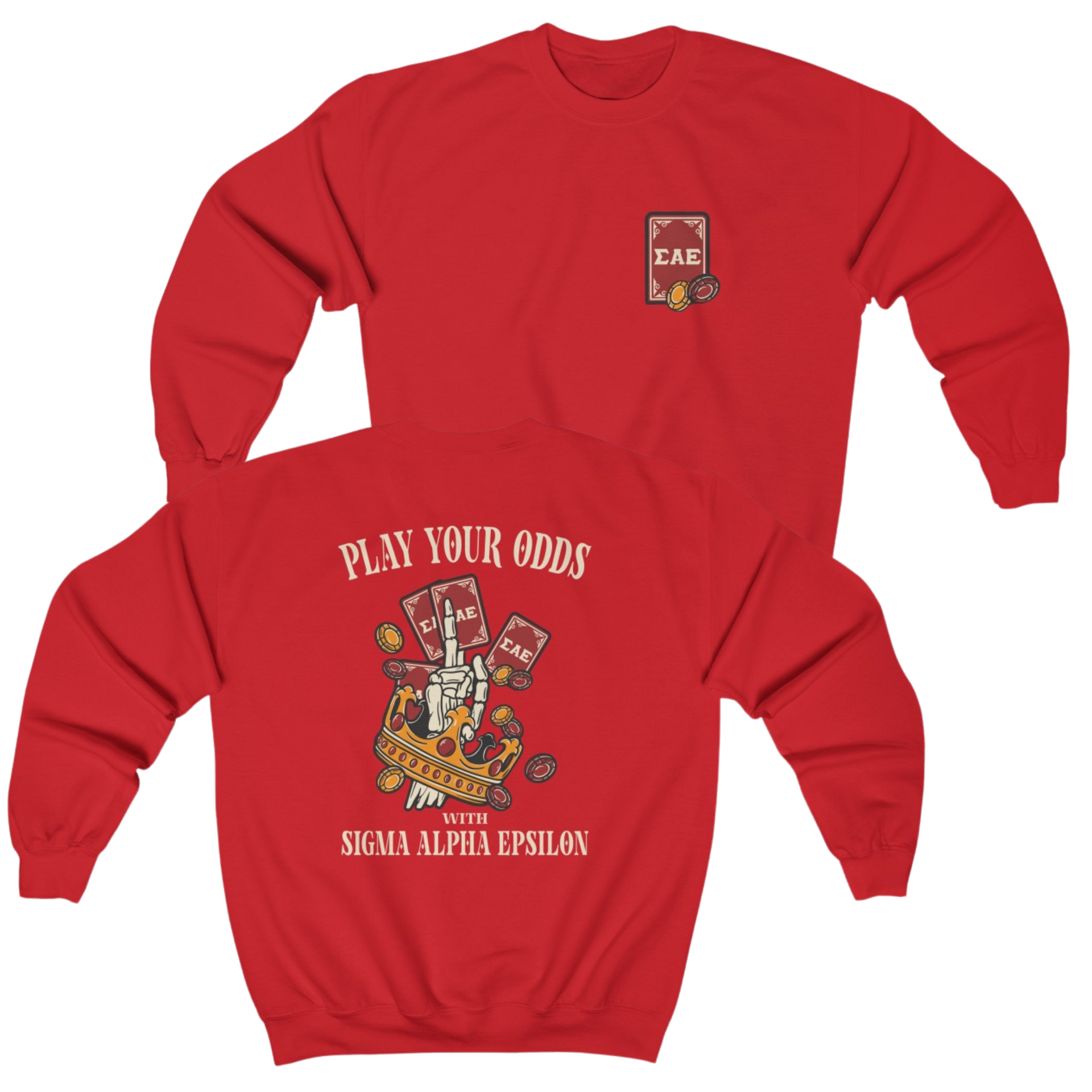 Red Sigma Alpha Epsilon Graphic Crewneck Sweatshirt | Play Your Odds | Sigma Alpha Epsilon Clothing and Merchandise