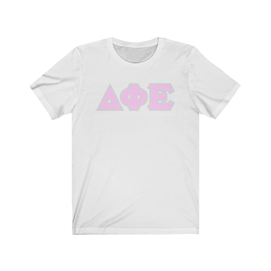 Delta Phi Epsilon Printed Letters | Light Pink & Grey Border T-Shirt