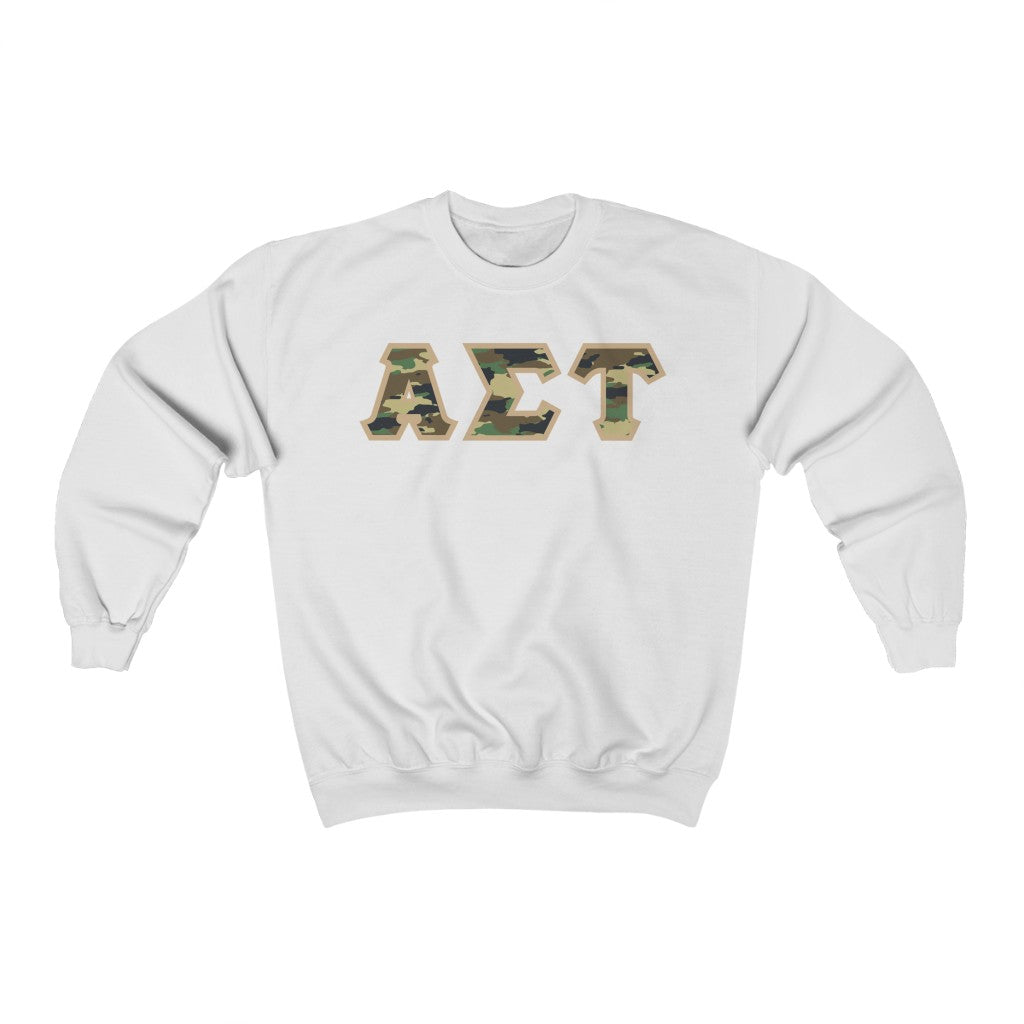 Alpha Sigma Tau Printed Letters | Camouflage Crewnecks