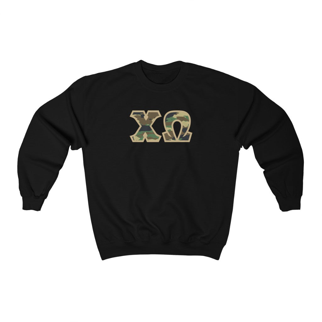 Chi Omega Printed Letters | Camouflage Crewneck