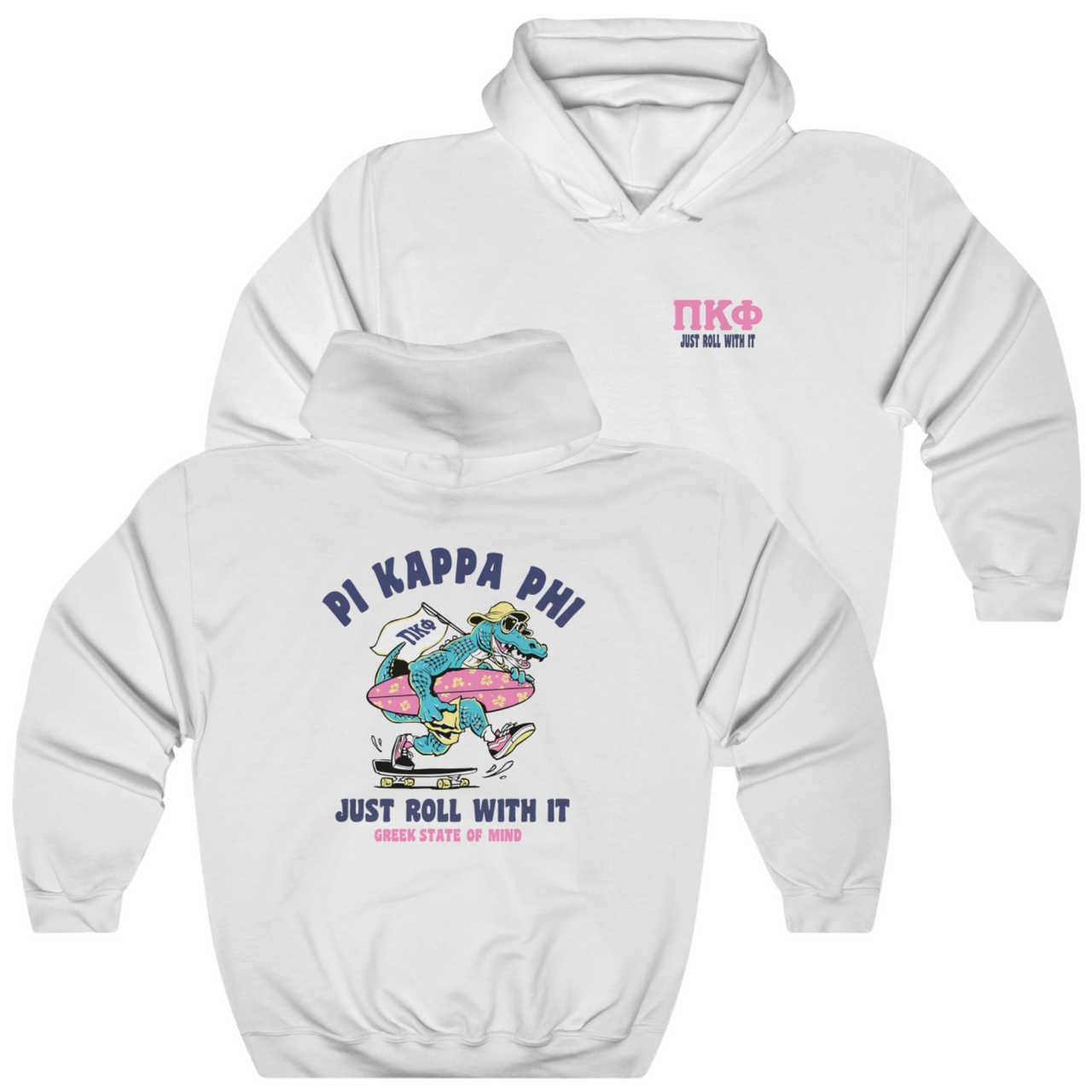 White Pi Kappa Phi Graphic Hoodie | Alligator Skater | Pi kappa alpha fraternity shirt