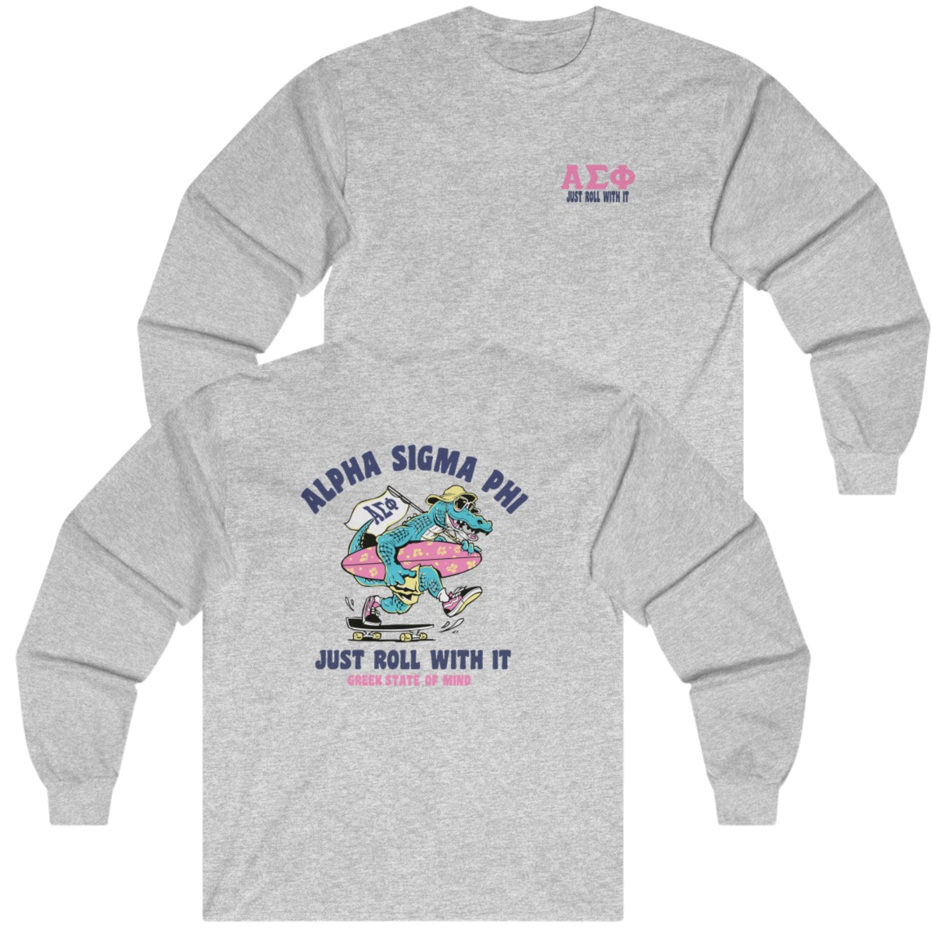 Grey Alpha Sigma Phi Graphic Long Sleeve | Alligator Skater | Alpha Sigma Phi Fraternity Shirt