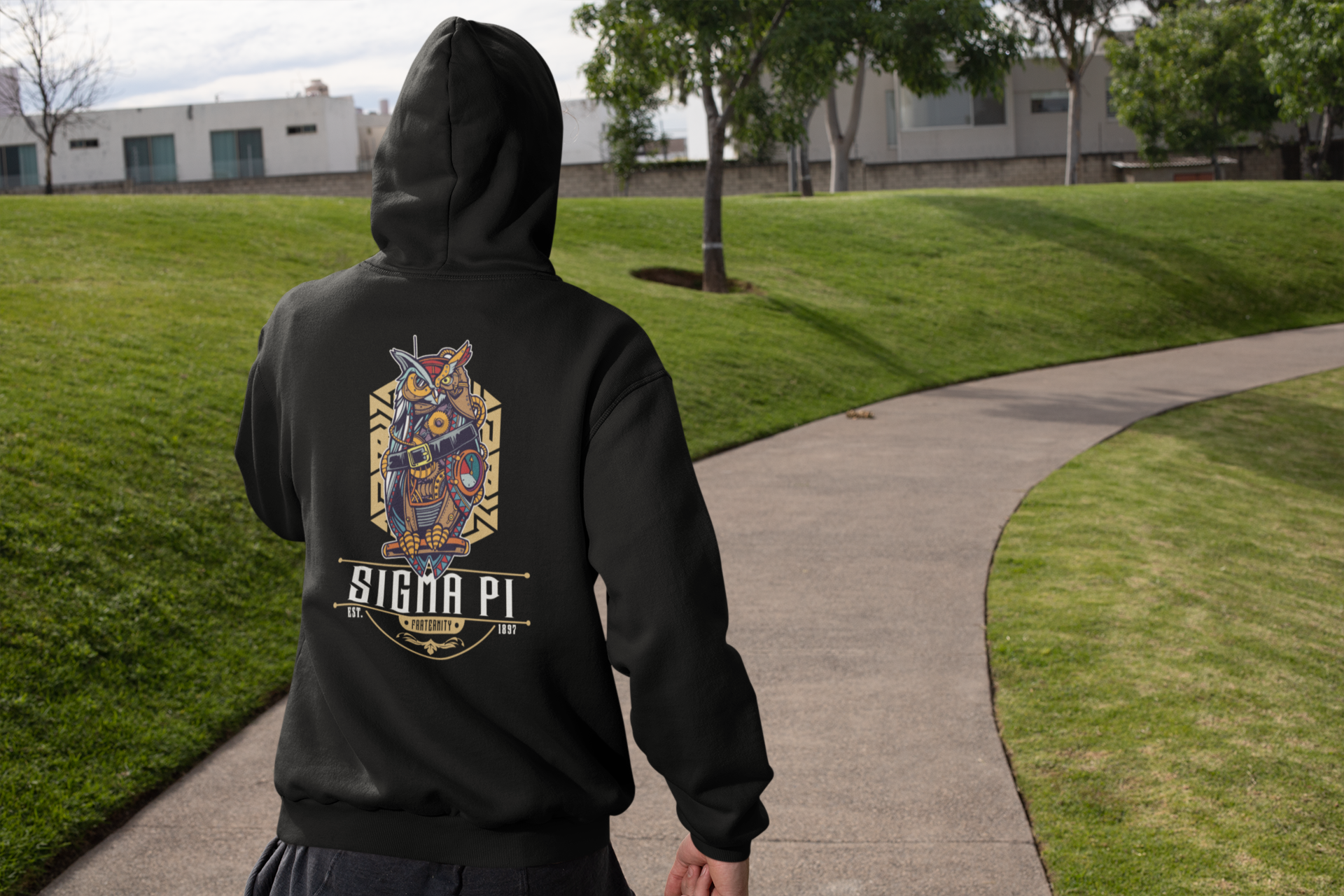 Black Sigma Pi Graphic Hoodie | Steampunk Owl | Sigma Pi Apparel and Merchandise model 