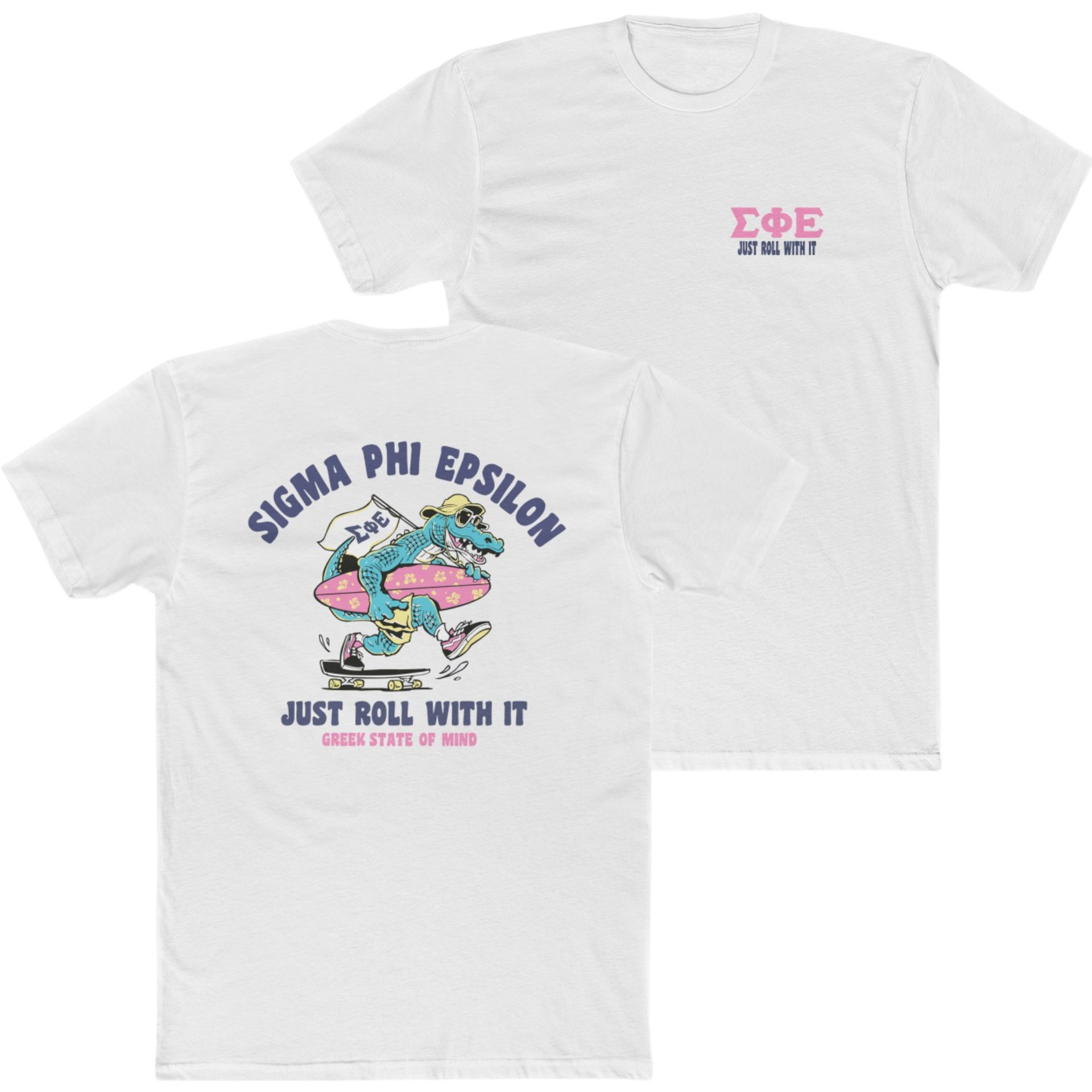 White Sigma Phi Epsilon Graphic T-Shirt | Alligator Skater | SigEp Clothing - Campus Apparel