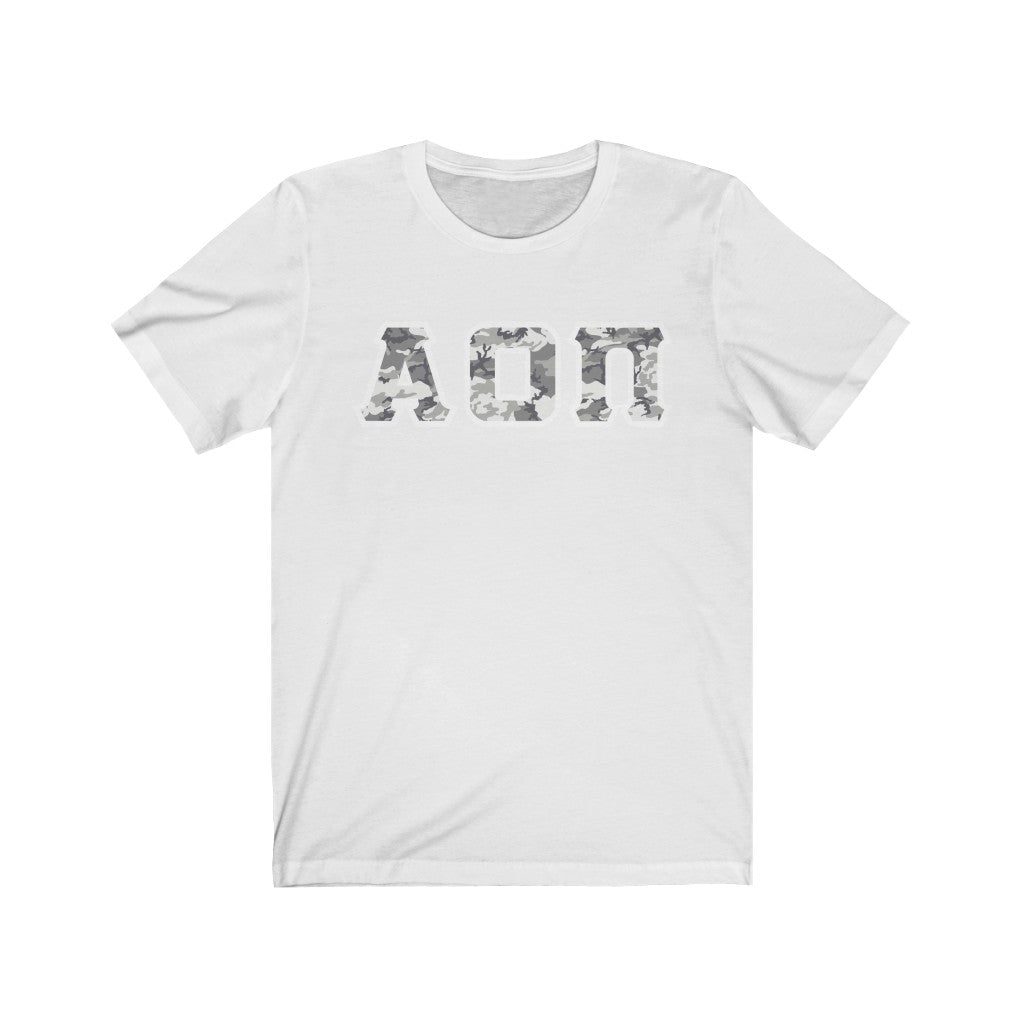 Alpha Omicron Pi Printed Letters | Winter Camo T-Shirt