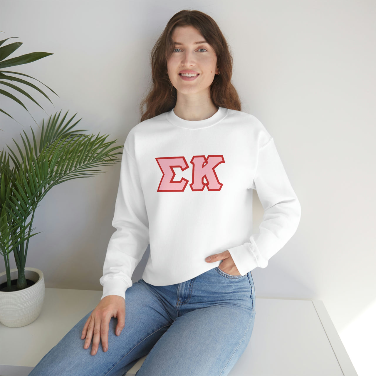 Sigma Kappa Stitched Letter Crewneck Sweatshirt | Red with Pink Border (Conference Pre-Sale)