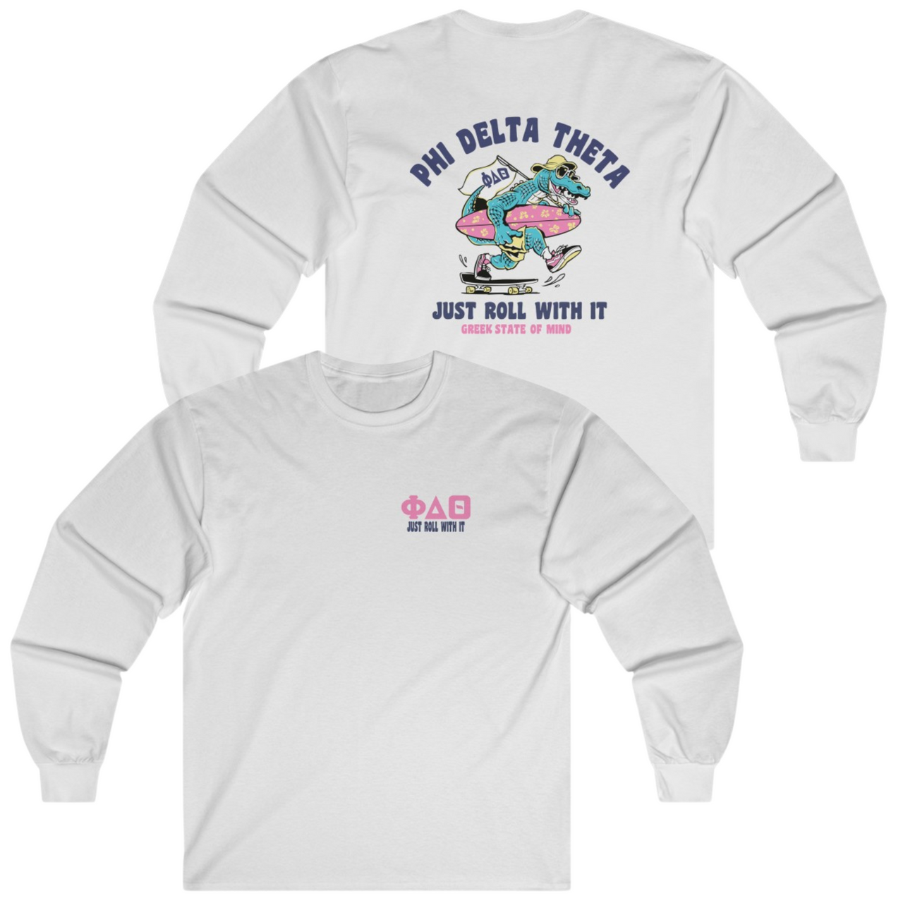 white Phi Delta Theta Graphic Long Sleeve | Alligator Skater | phi delta theta fraternity greek apparel 