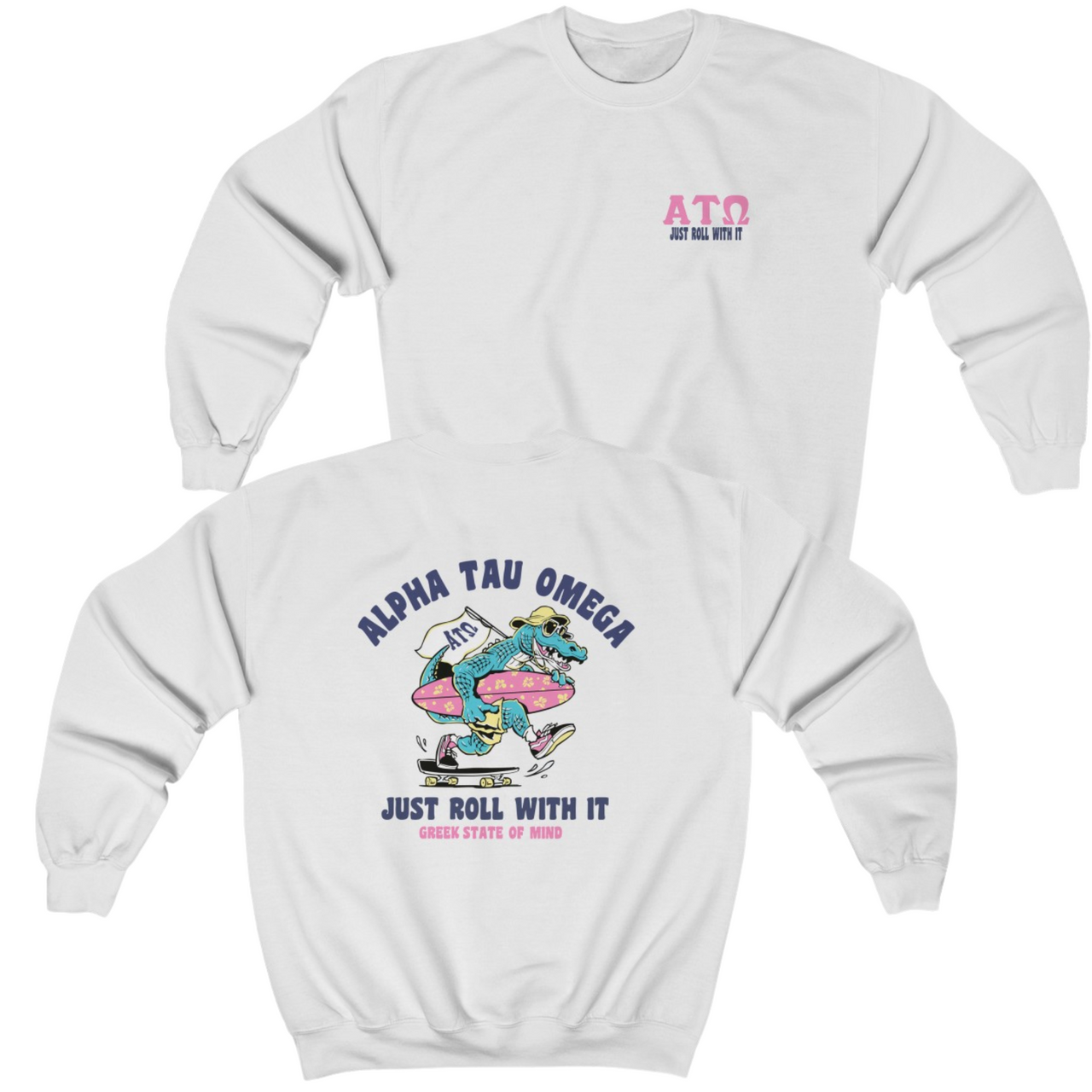 White Alpha Tau Omega Graphic Crewneck Sweatshirt | Alligator Skater | Alpha Sigma Phi Fraternity Merch 