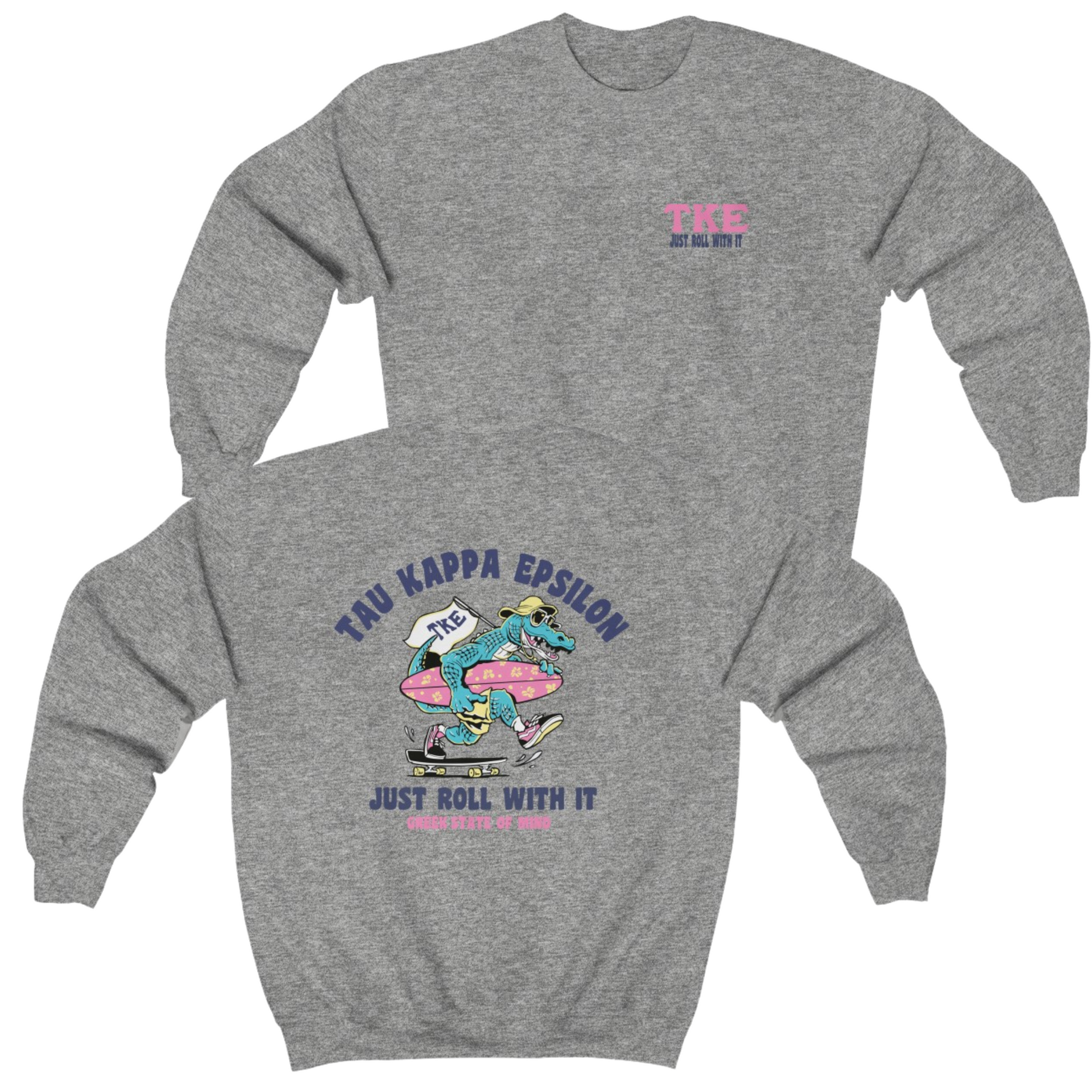 Grey Tau Kappa Epsilon Graphic Crewneck Sweatshirt | Alligator Skater | TKE Clothing and Merchandise