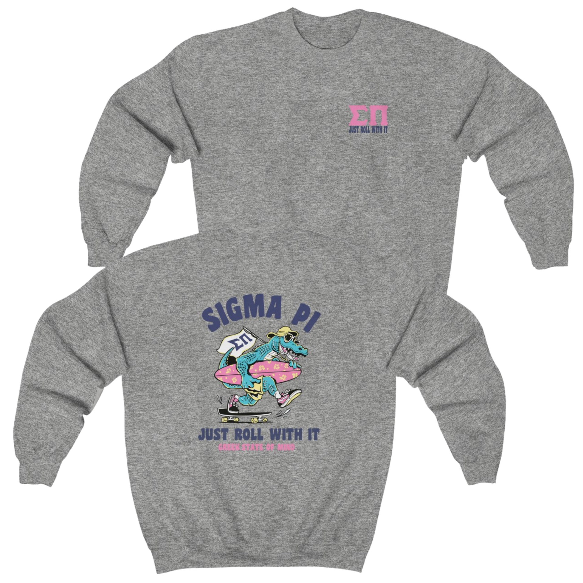 Grey Sigma Pi Graphic Crewneck Sweatshirt | Alligator Skater | Sigma Pi Apparel and Merchandise