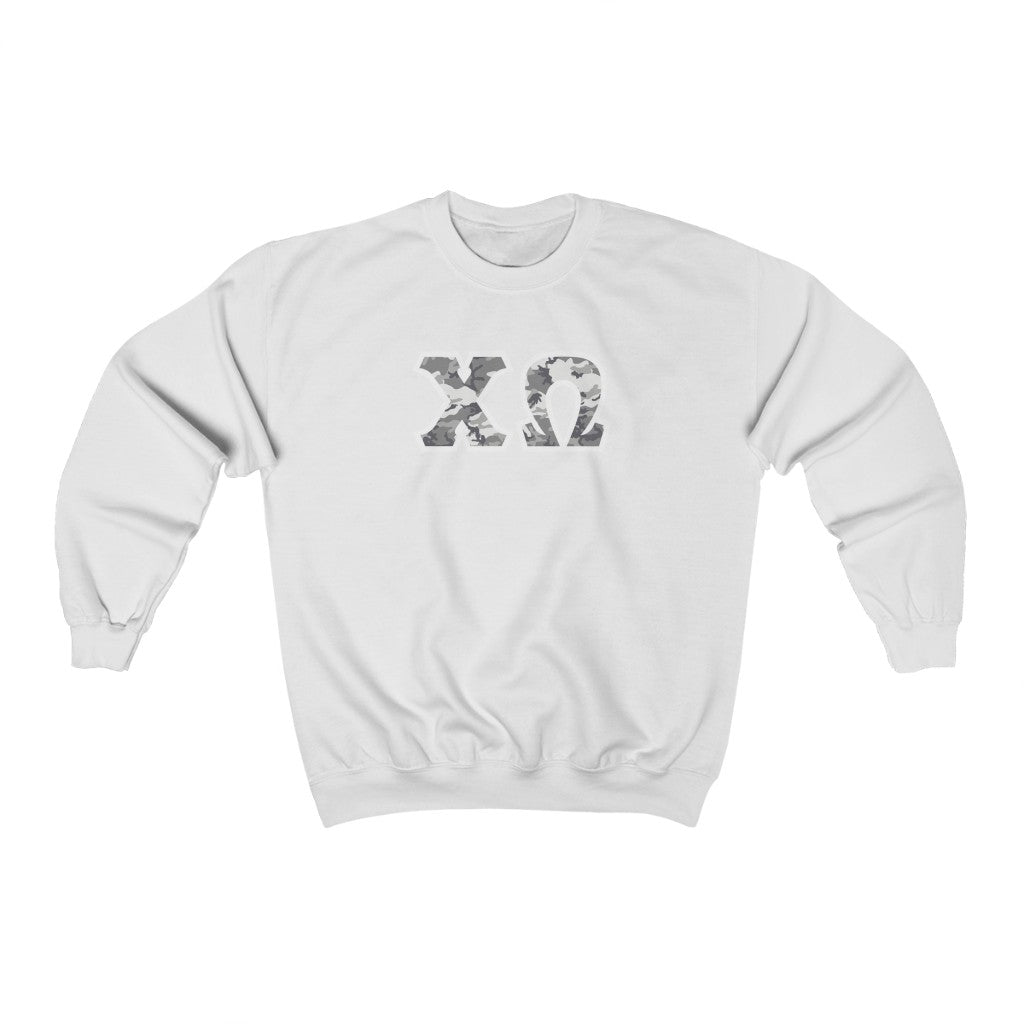 Chi Omega Printed Letters | Winter Camo Crewneck
