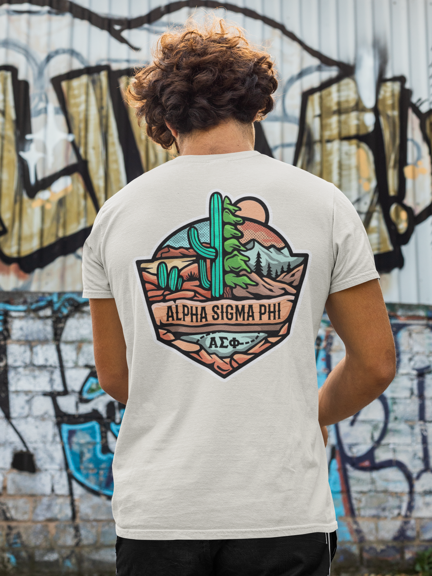 Alpha Sigma Phi Graphic T-Shirt | Desert Mountains | Alpha Sigma Phi Fraternity Shirt  Back Model 