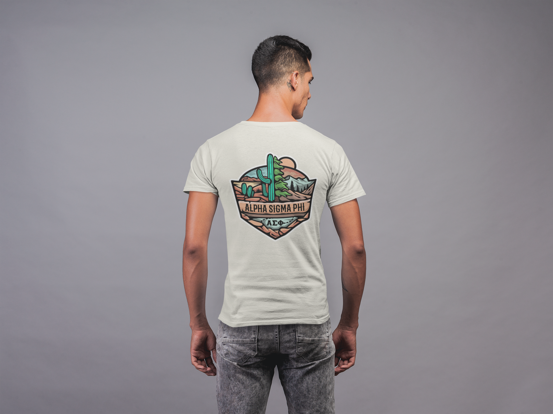 Alpha Sigma Phi Graphic T-Shirt | Desert Mountains | Alpha Sigma Phi Fraternity Shirt  Back Model 