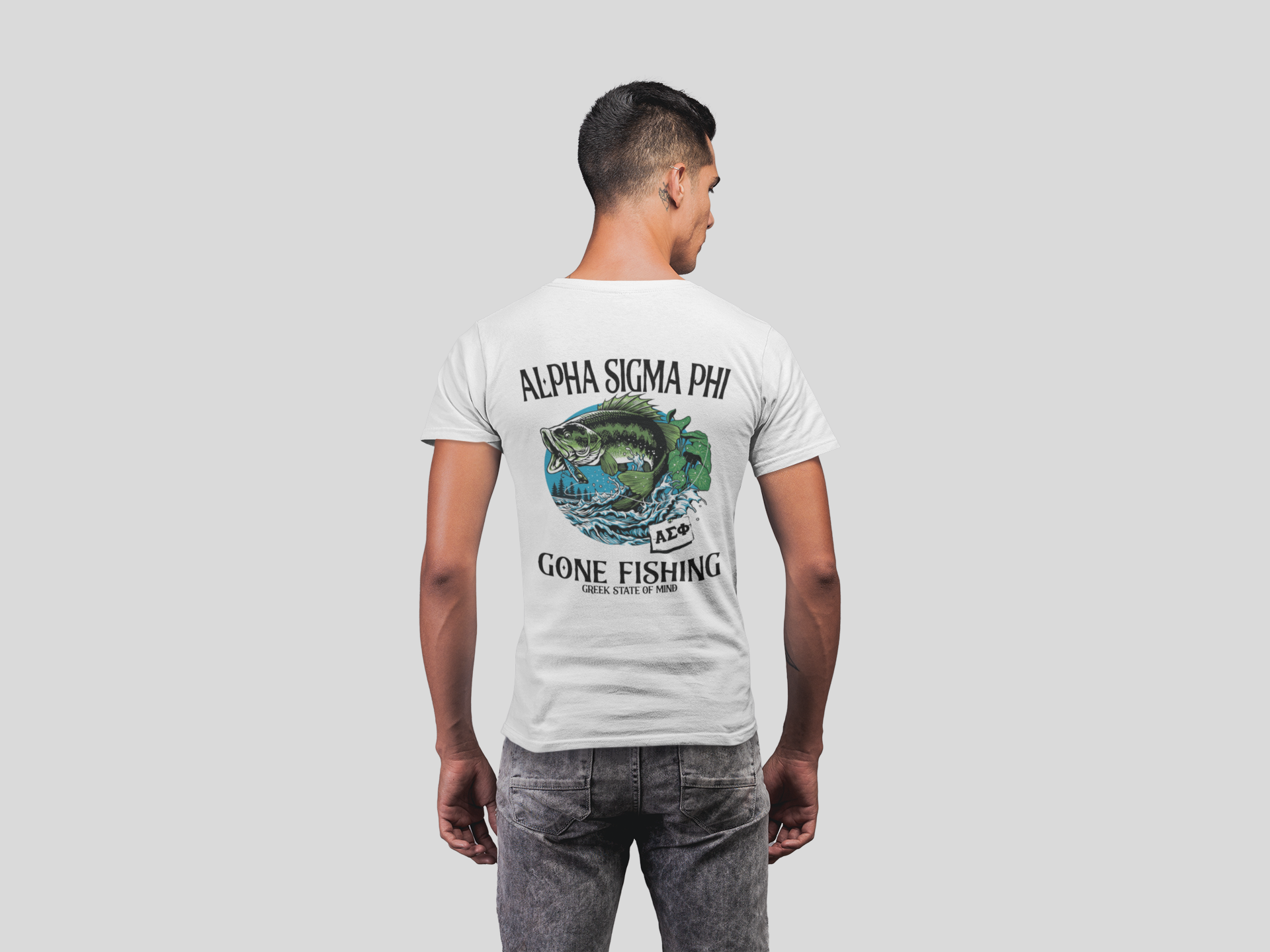 White Alpha Sigma Phi Graphic T-Shirt | Gone Fishing | Alpha Sigma Phi Fraternity Shirt Back Model