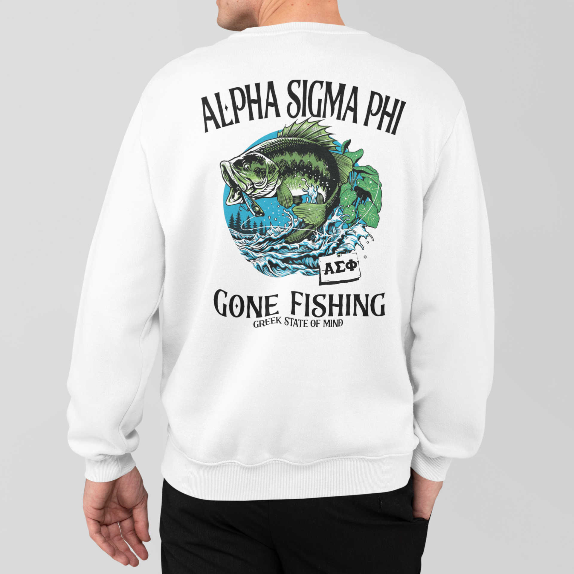 Alpha Sigma Phi Graphic Crewneck Sweatshirt | Gone Fishing | Alpha Sigma Phi Fraternity Shirt  model 