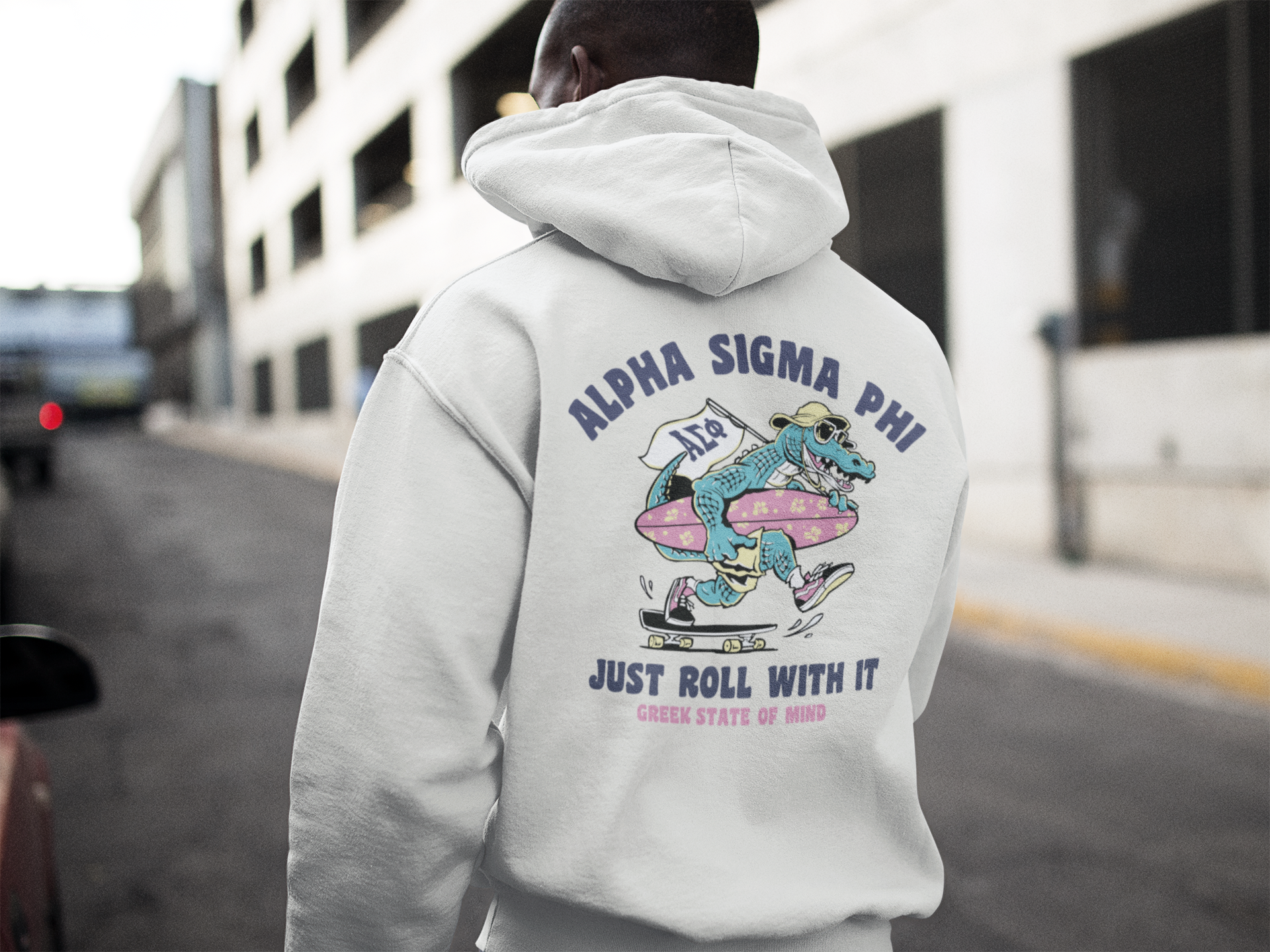 Alpha Sigma Phi Graphic Hoodie | Alligator Skater back model 