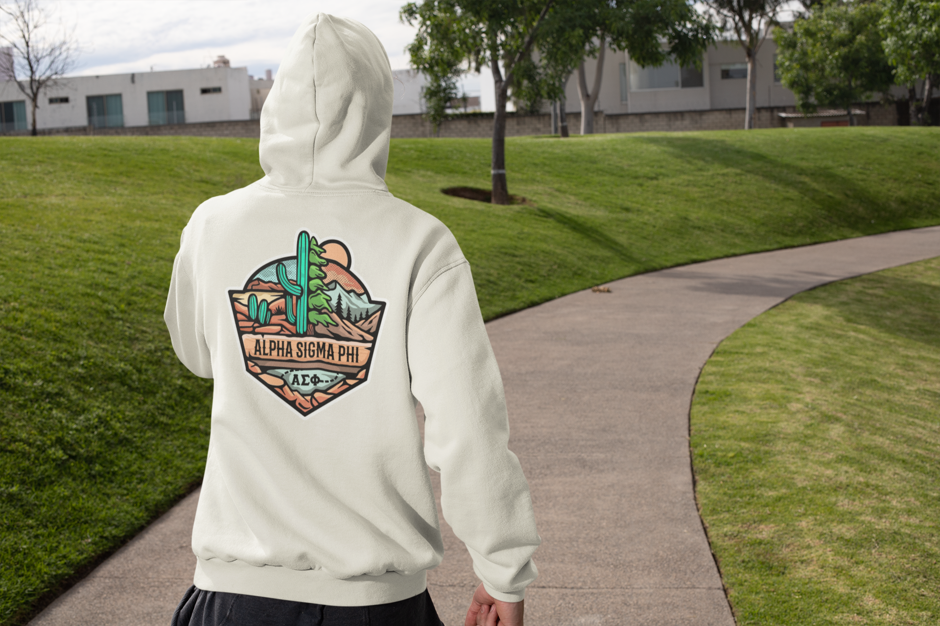White Alpha Sigma Phi Graphic Hoodie | Desert Mountains | Alpha Sigma Phi Fraternity Shirt Back Model 