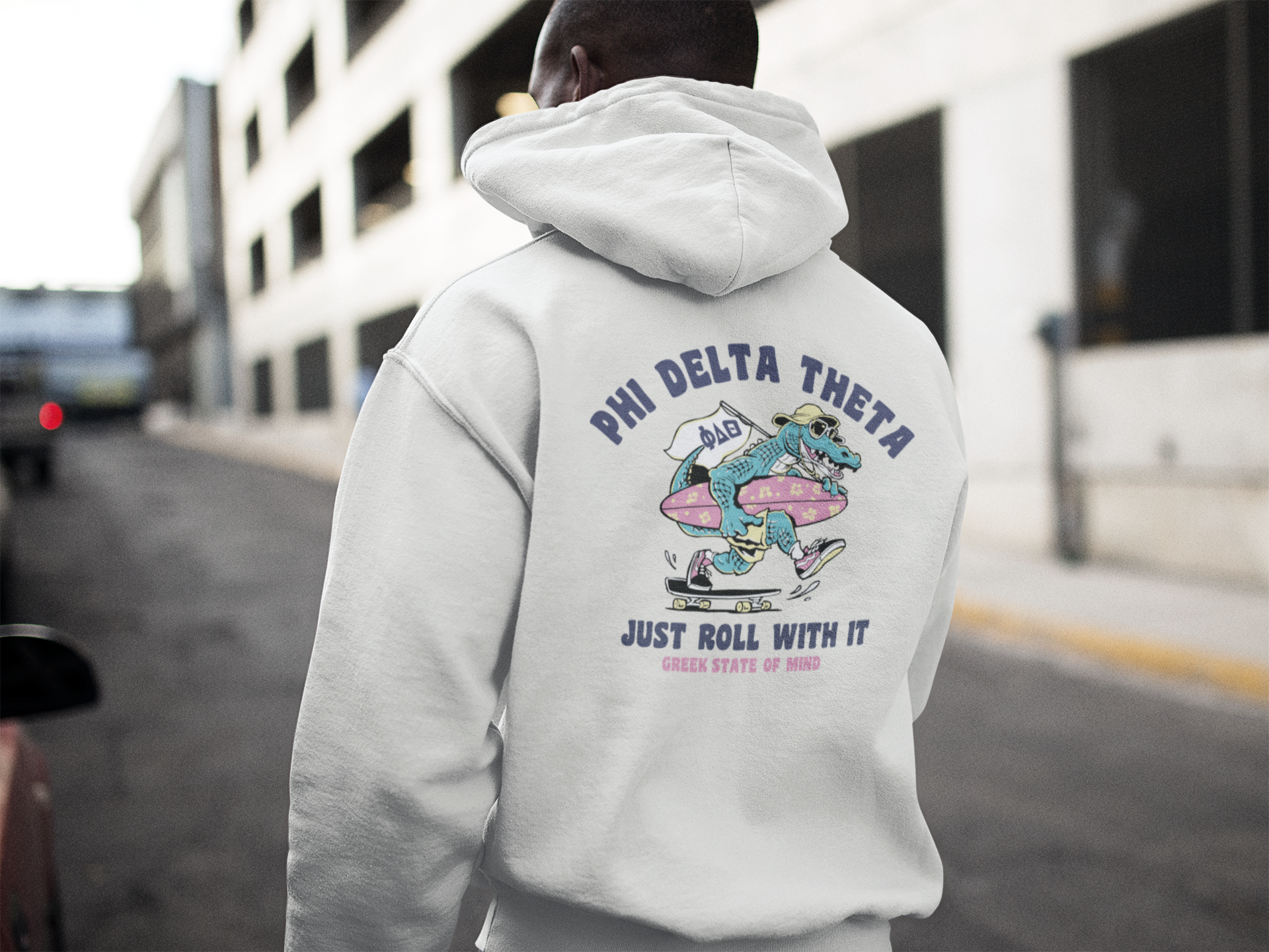 white Phi Delta Theta Graphic Hoodie | Alligator Skater | phi delta theta fraternity greek apparel model 