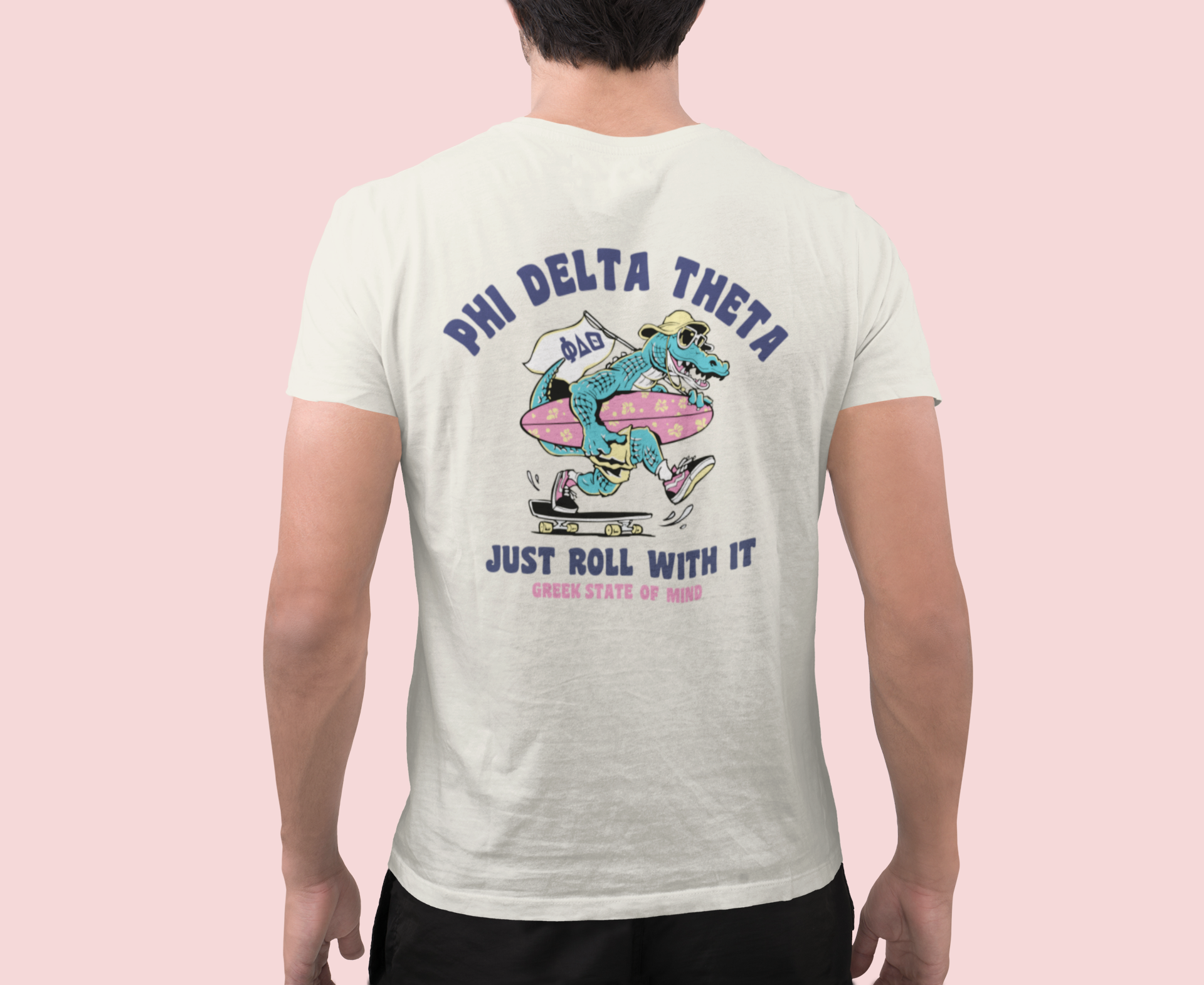 white Phi Delta Theta Graphic T-Shirt | Alligator Skater | phi delta theta fraternity greek apparel back model 